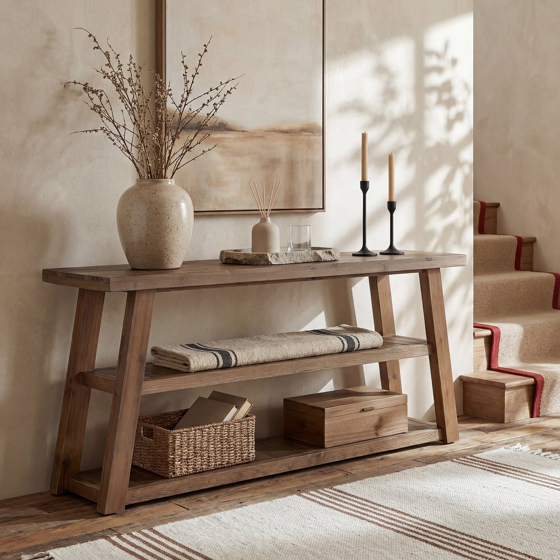 Tribesigns 62.99 Inch Solid Wood Console Table with 3-Tier Shelves, Farmhouse Hallway Table