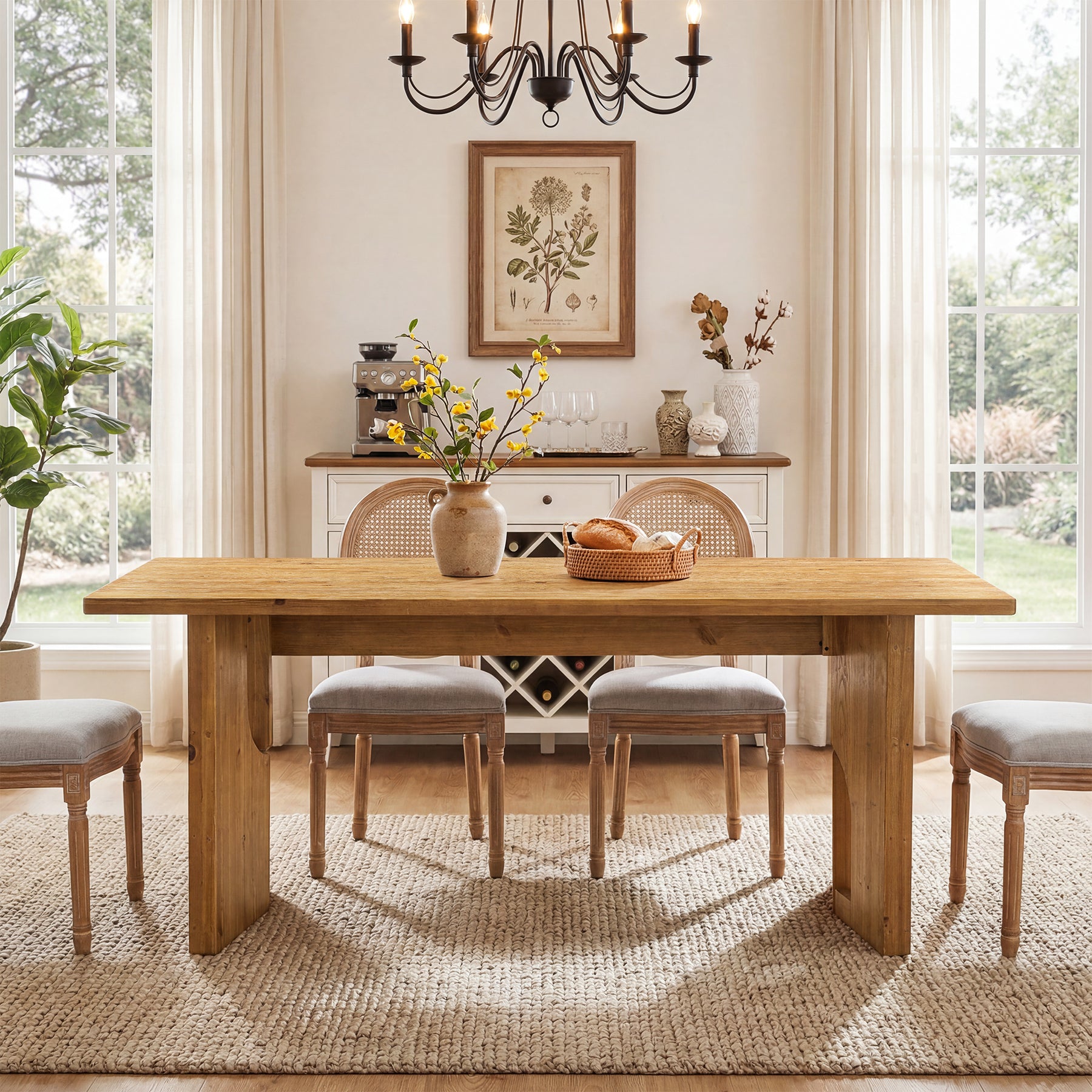 Tribesigns 63-Inch Solid Wood Dining Table with Cutout Bases, Farmhouse Table for Dining Room
