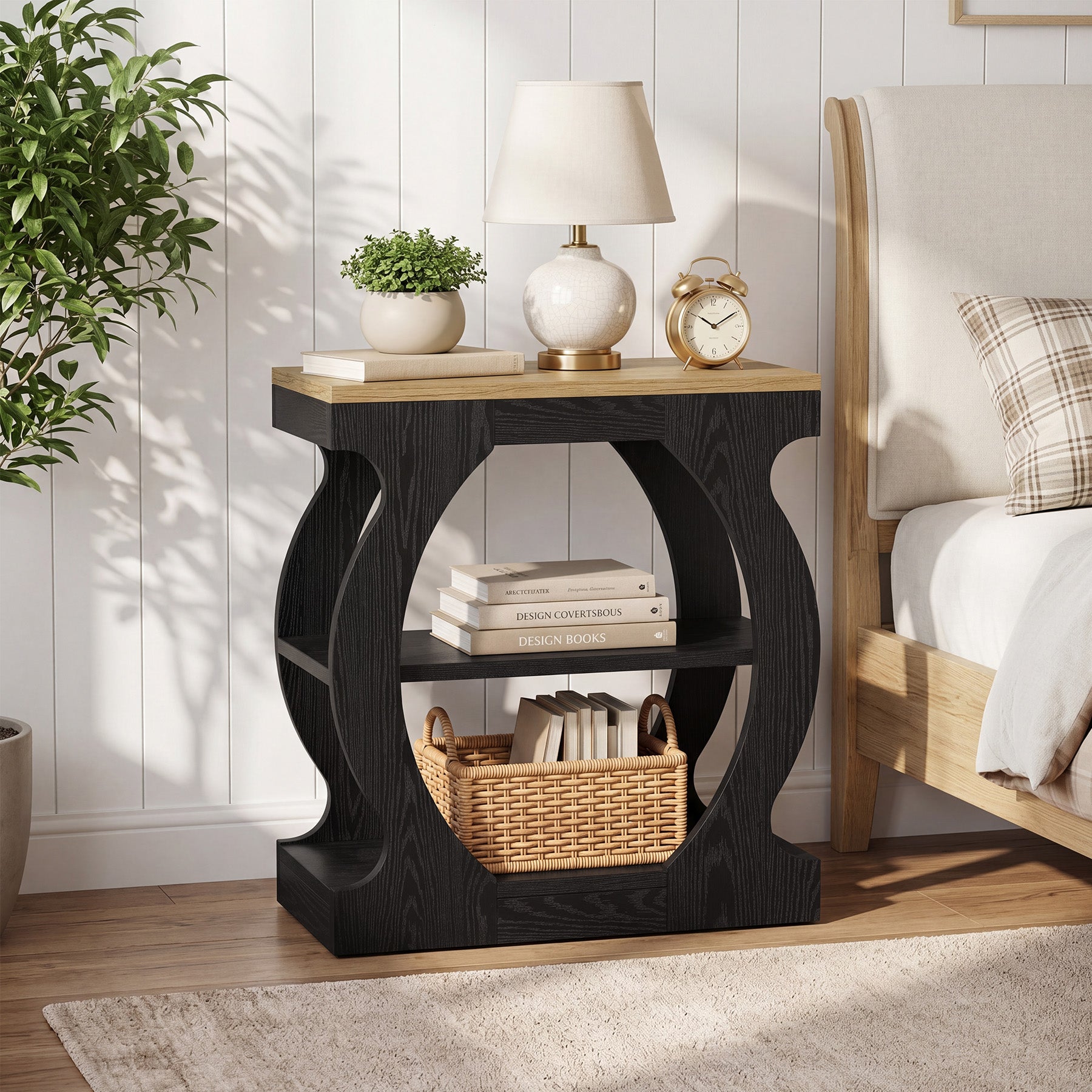 23.6 Inch Nightstand with 3-Tier Storage, Modern Narrow Bedside Table with Curved Frame for Bedroom
