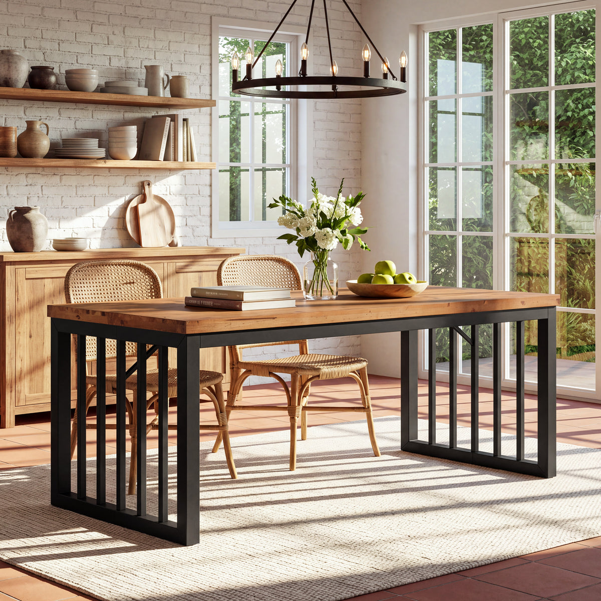 63 Inch Solid Wood Dining Table for 4-6, Farmhouse Kitchen Table with Reinforced Metal Frame