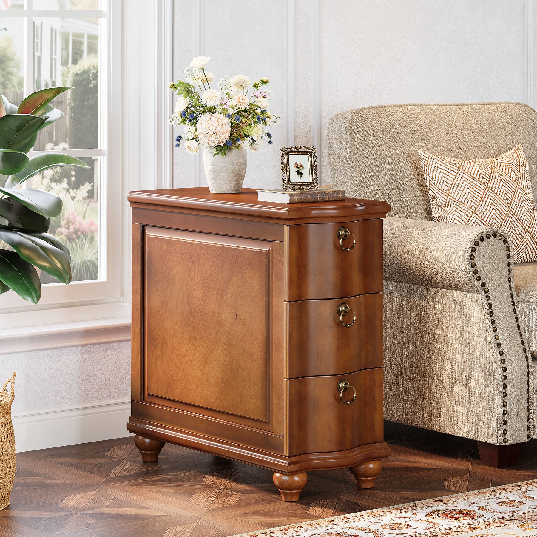 Tribesigns 11.02-Inch Wide Fully Assembled End Table with 3 Drawers, Narrow Walnut Brown Side Table for Bedside Living Room