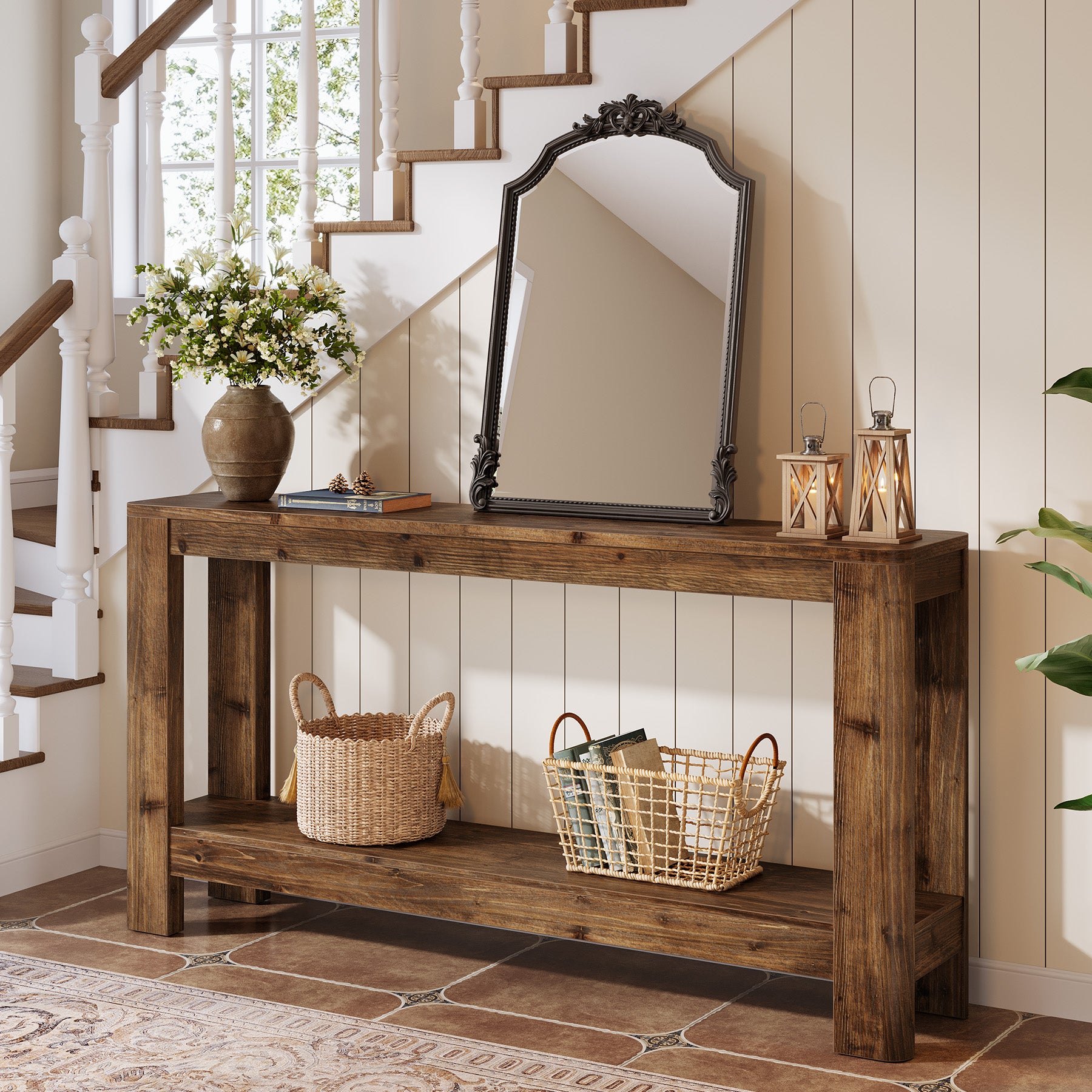 63" Console Table, Solid Wood Farmhouse Sofa Table with 2-Tier Storage