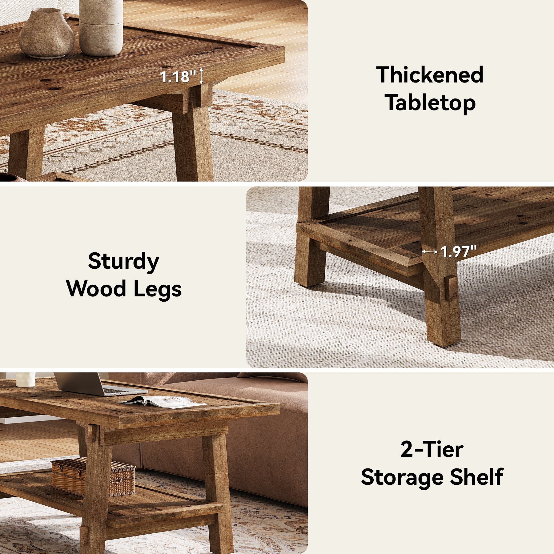 47 Inch Solid Wood Coffee Table, Rustic Farmhouse Rectangle Center Table