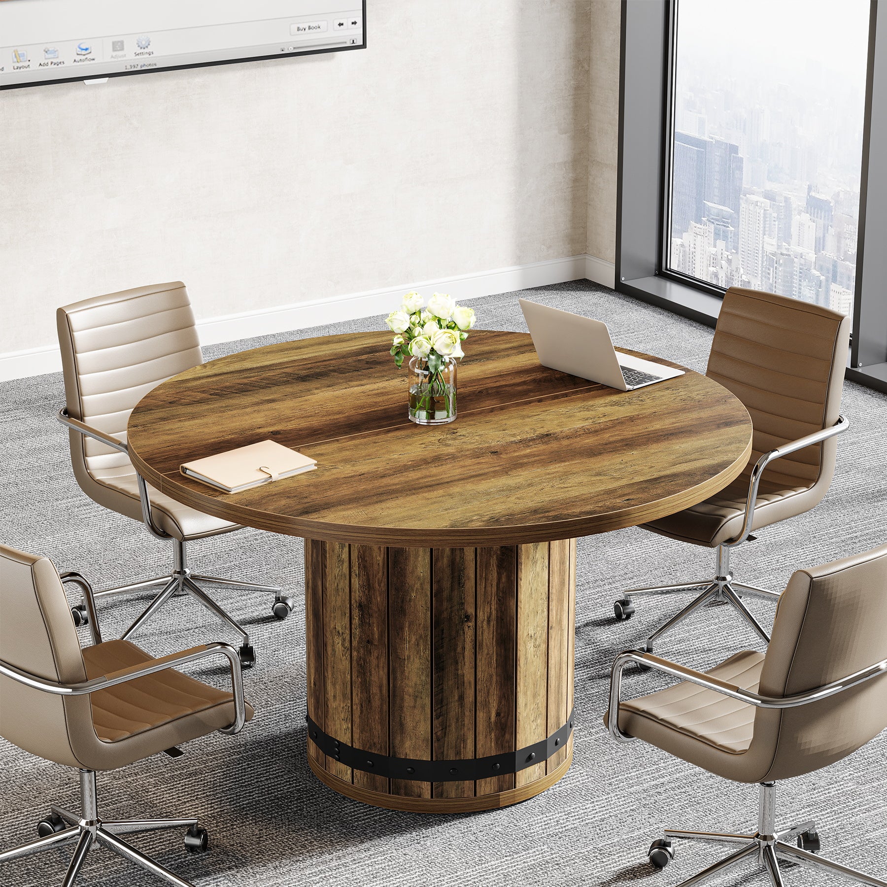 Tribesigns 39.37-Inch Round Conference Table, Fence Base Meeting Table