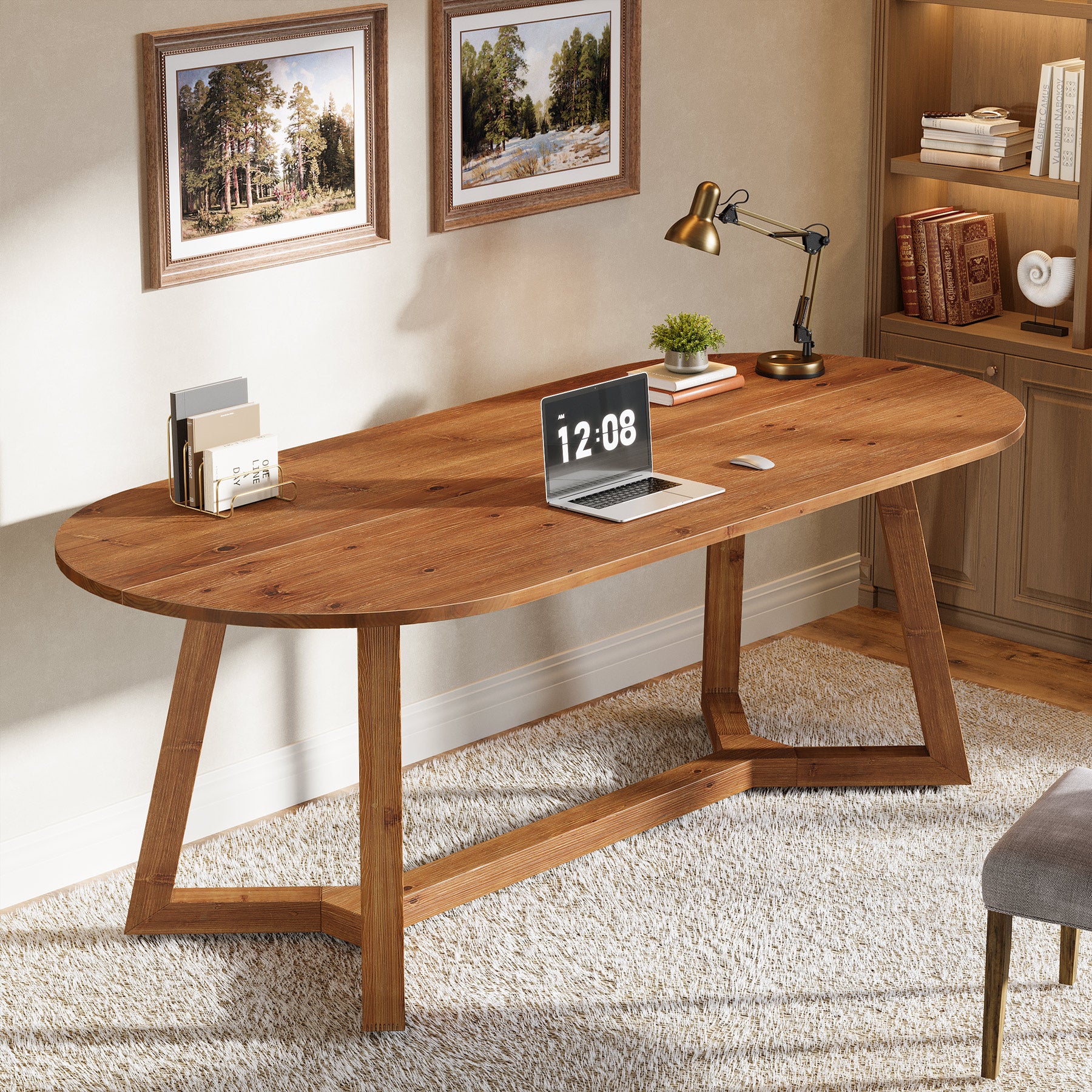 63" Solid Wood Office Desk, Oval Executive Desk with Tapered Legs