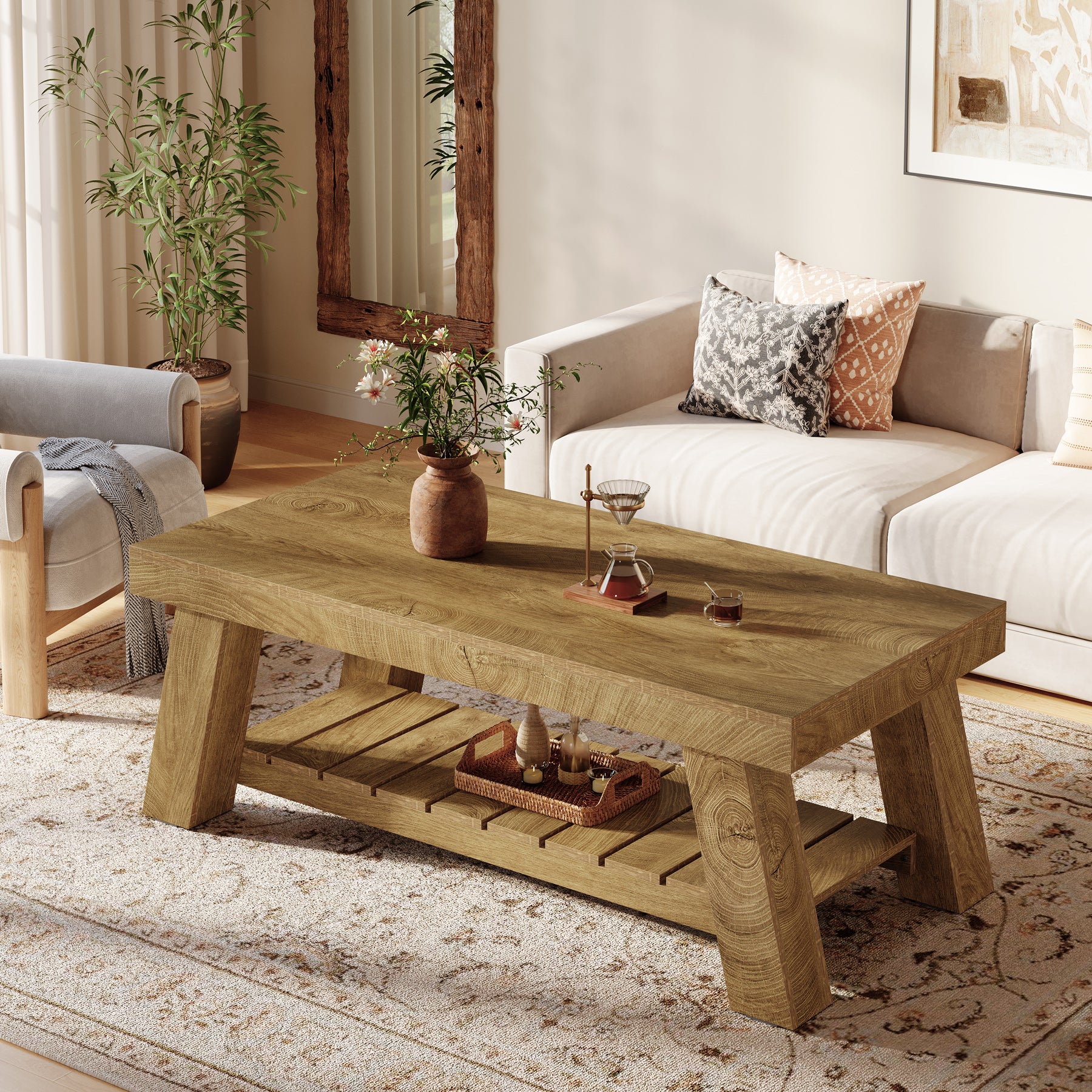 47.24-Inch Rectangular Coffee Table, Farmhouse Wood Center Table with 2-Tier Storage