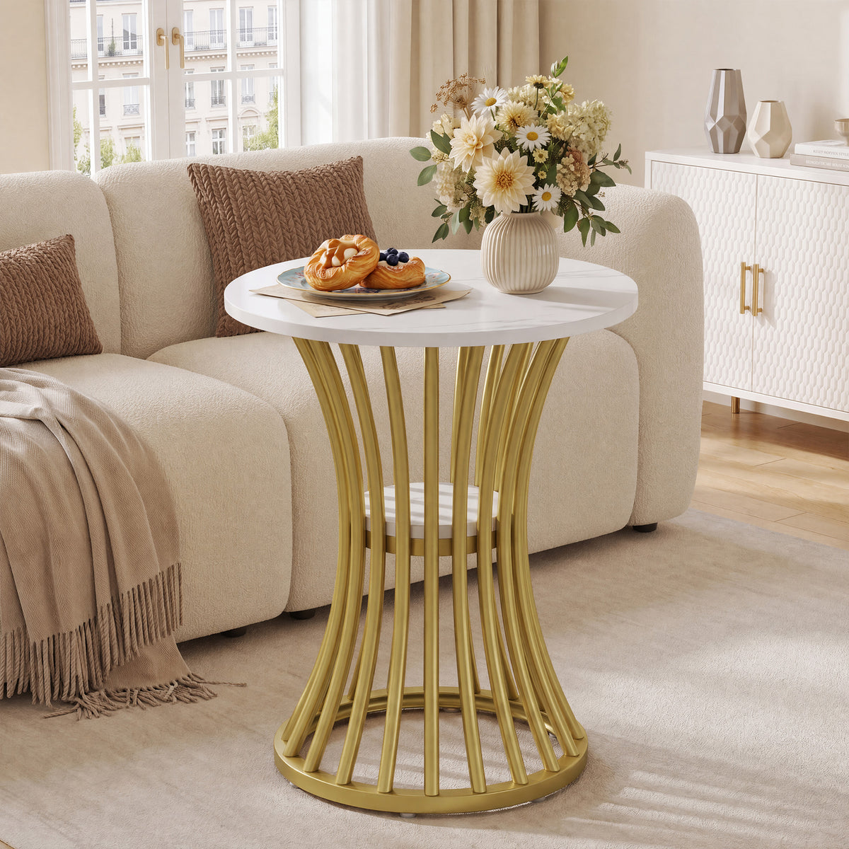 Tribesigns 20" Round End Table with 2-Tier Storage, White Faux Marble Side Table for Living Room