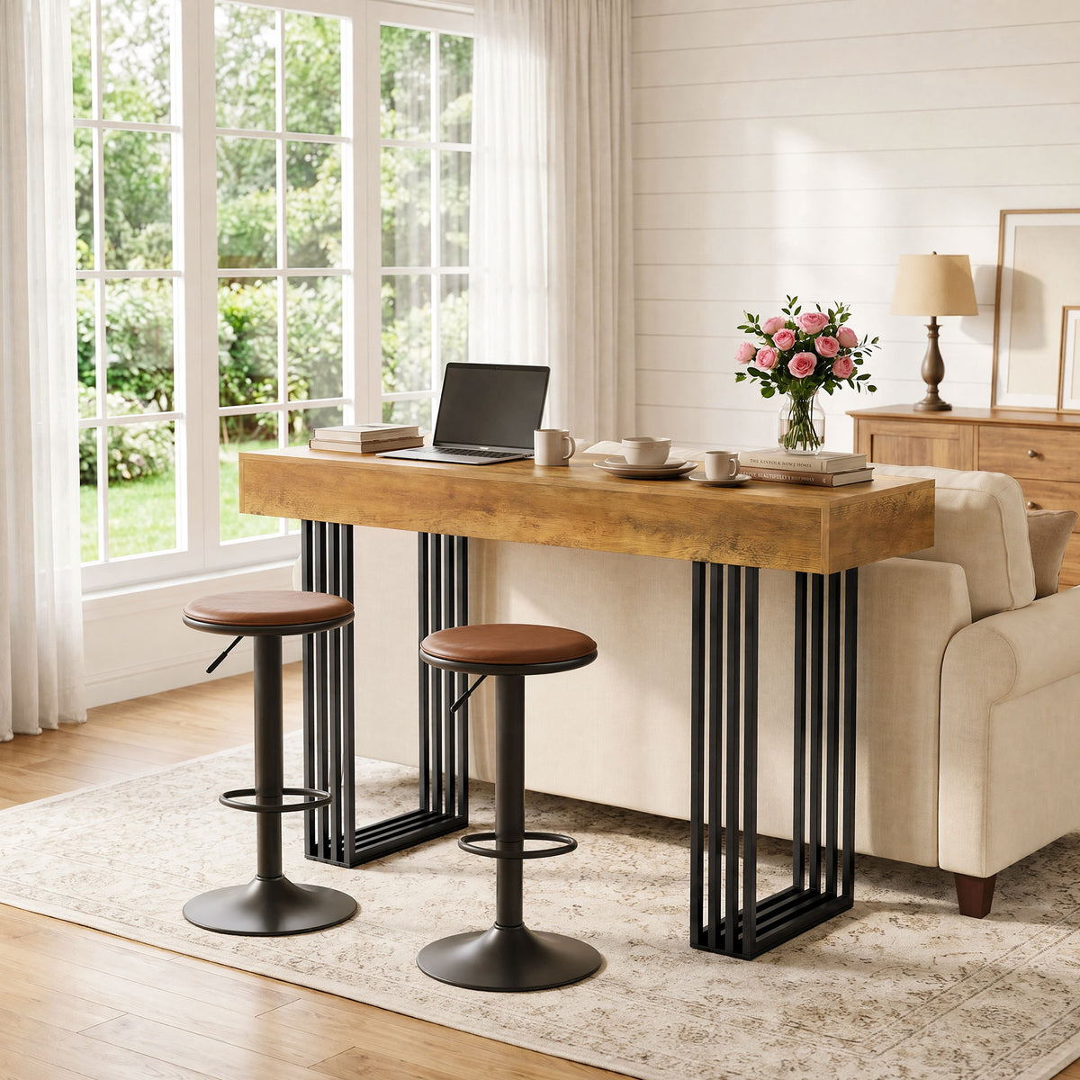 63 Inch Bar Height Table with Metal Frame, Industrial Farmhouse Pub Table for Kitchen and Home Office