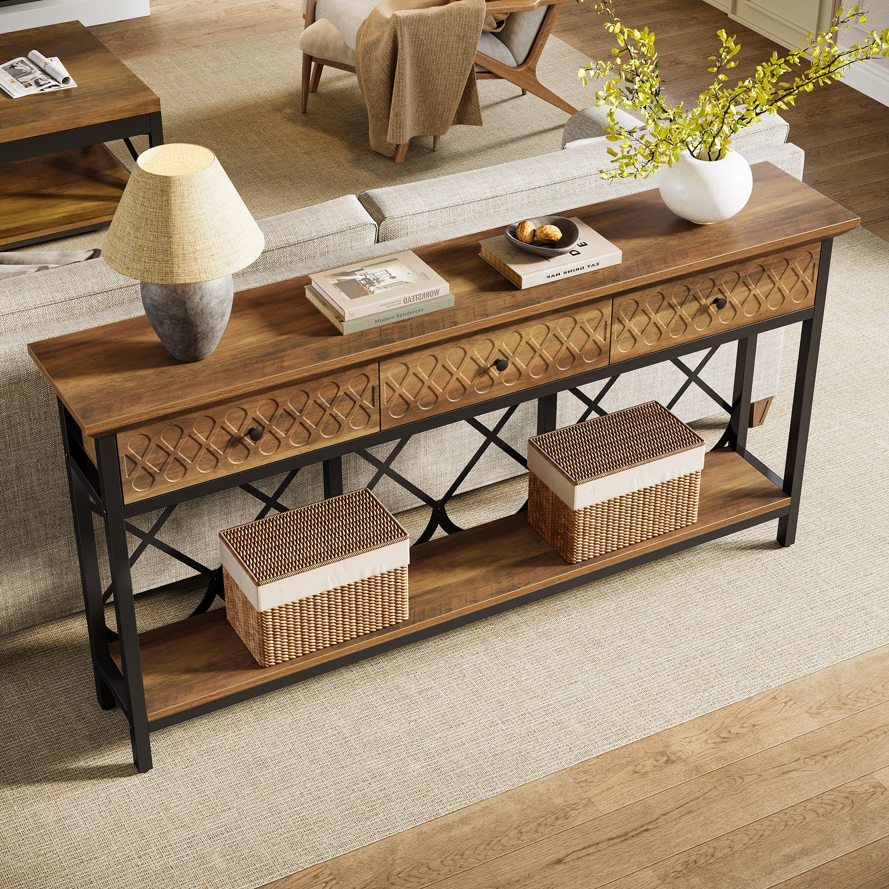 Tribesigns 70.86-Inch Extra Long Console Table with 3 Drawers and Storage Shelf, Industrial Narrow Sofa Table for Living Room Entryway and Hallway