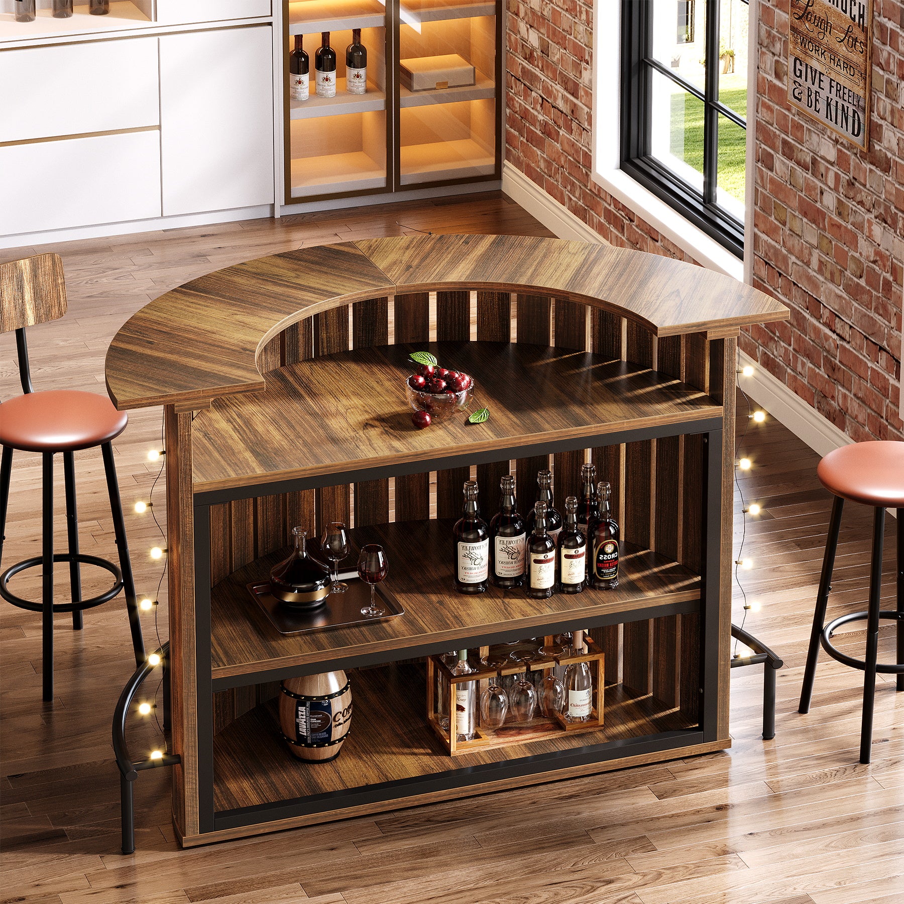 Tribesigns Bar Table with 4-Tier Storage and Footrest, Arc-Shaped Mini Home Bar Unit