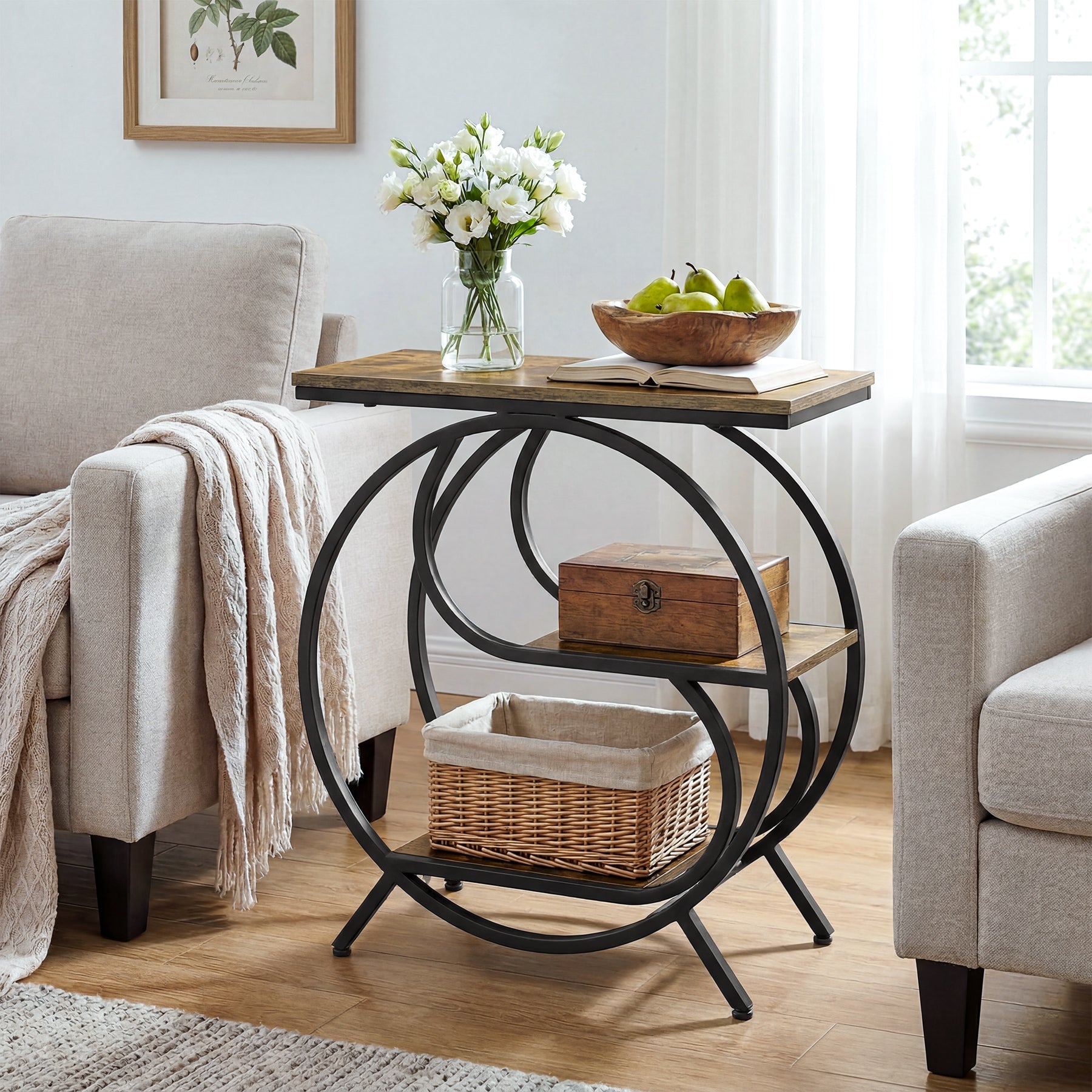 3-Tier Industrial End Table with Shelves, Rustic Side Table Nightstand
