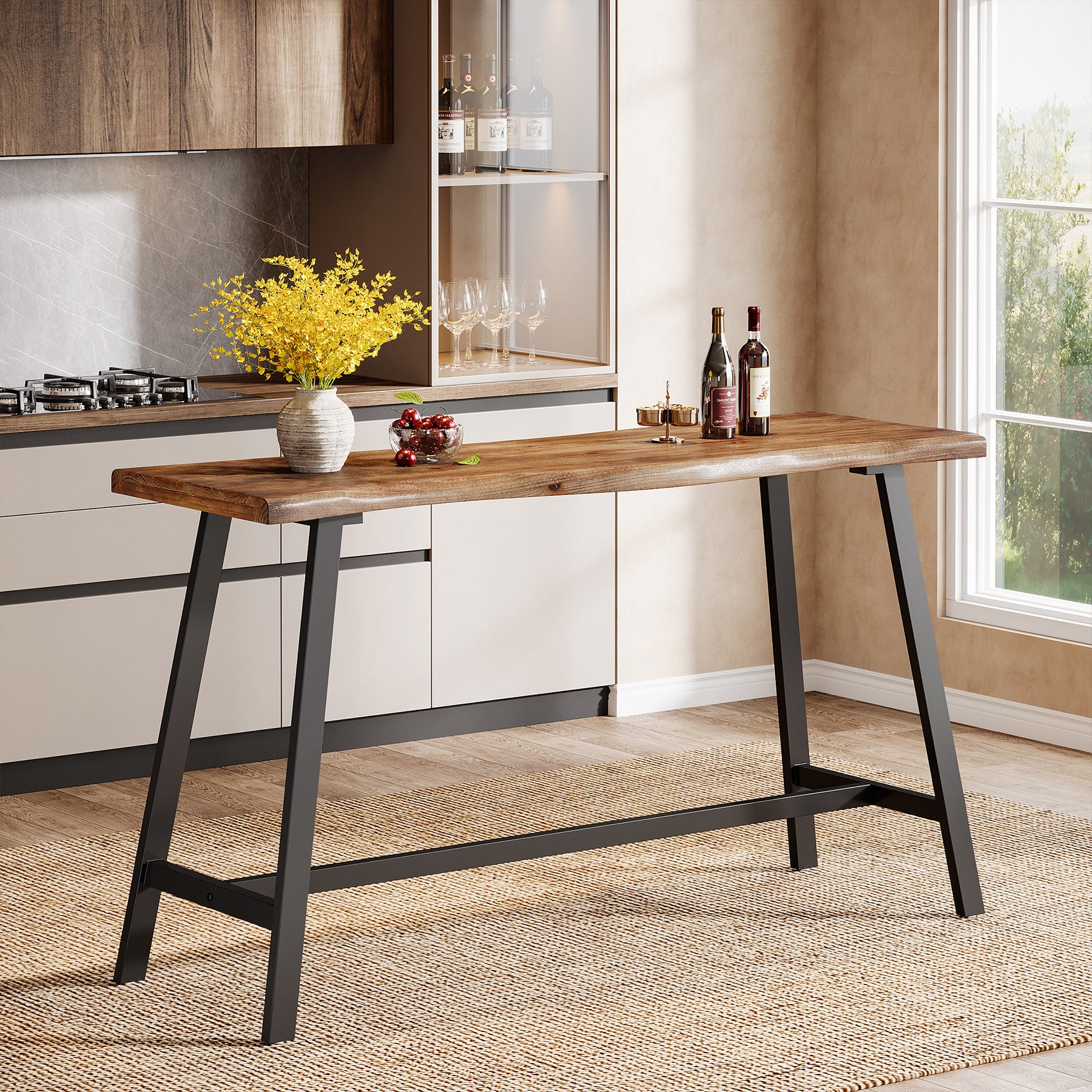 55 Inch Solid Wood Bar Table with Metal Frame and Footrest, Industrial Counter Height Pub Table for Kitchen