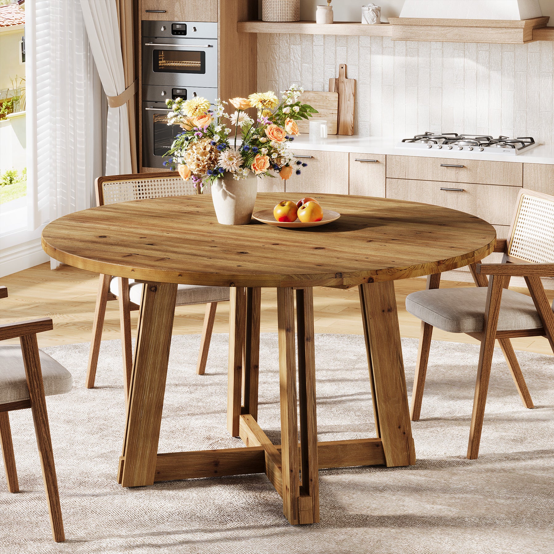Tribesigns 47.3-Inch Solid Wood Round Dining Table for 4-6 People, Farmhouse Kitchen Table with Cross-Shaped Base for Dining Room