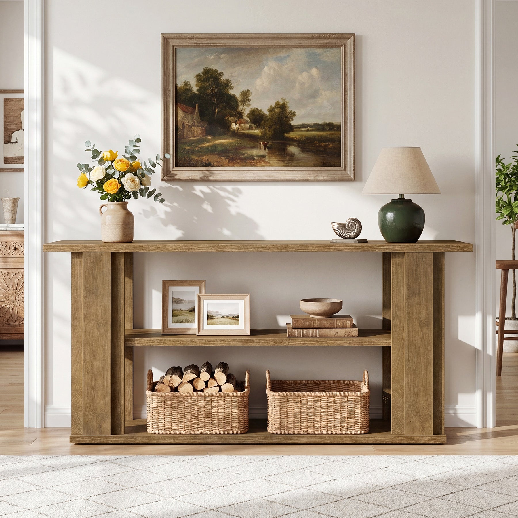 Tribesigns 63-Inch Farmhouse Console Table with 3-Tier Storage Shelves and Wide Panel Supports, Narrow Sofa Table for Living Room Hallway and Foyer