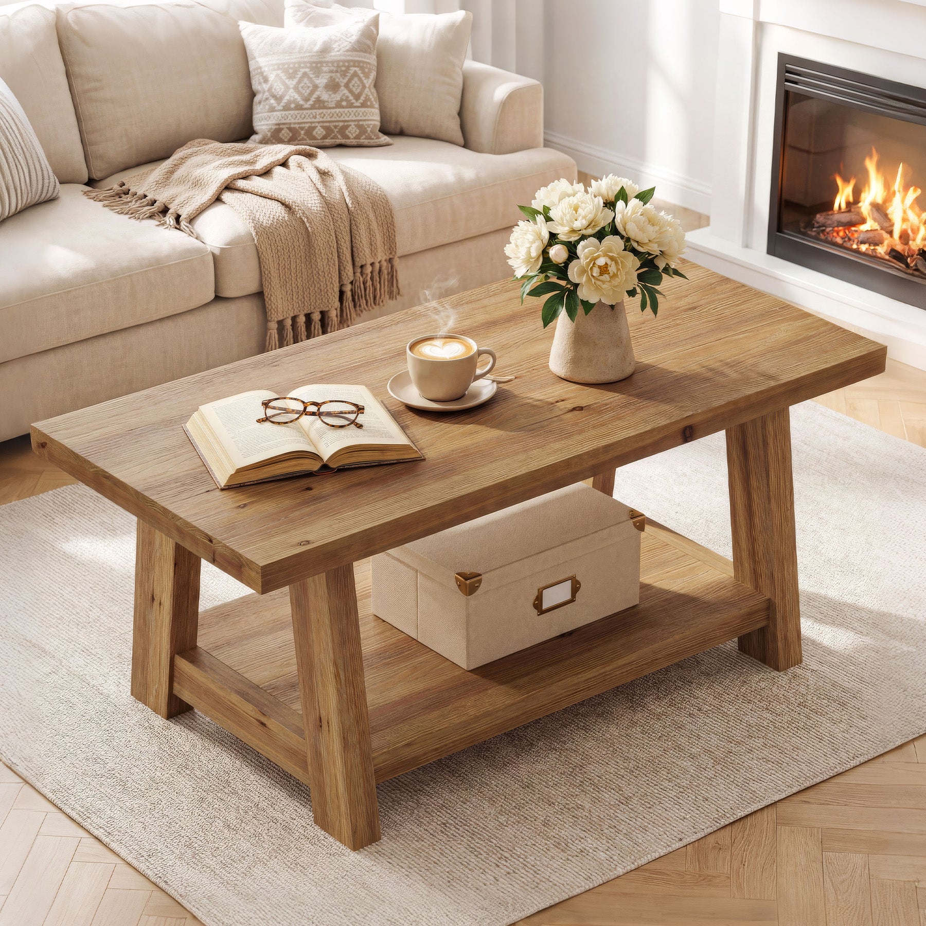 Tribesigns 47.2-Inch Solid Wood Coffee Table, 2-Tier Storage Shelf Rectangle Center Table for Living Room
