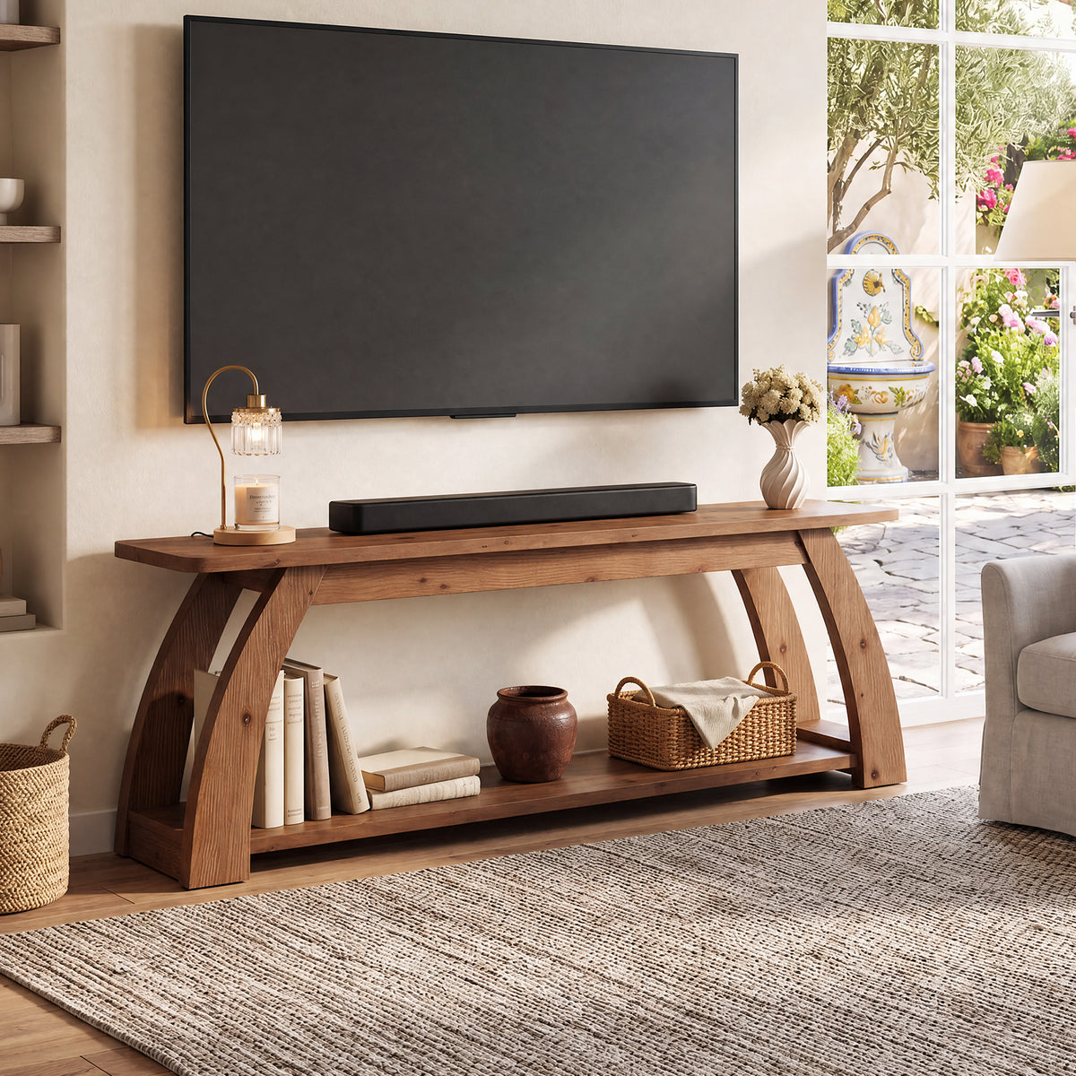 Tribesigns 63 Inch Solid Wood TV Stand for 75 Inch TVs, 2-Tier Farmhouse Media Console