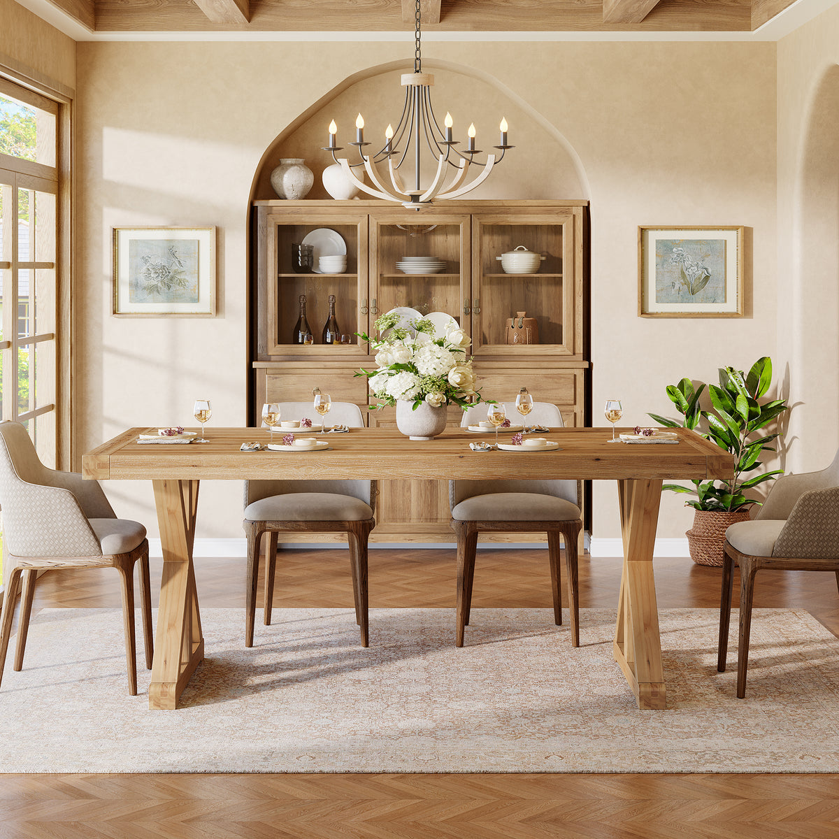 63 Inch Solid Wood Dining Table for 4-6, Farmhouse Kitchen Table with X-Shaped Legs for Dining Room
