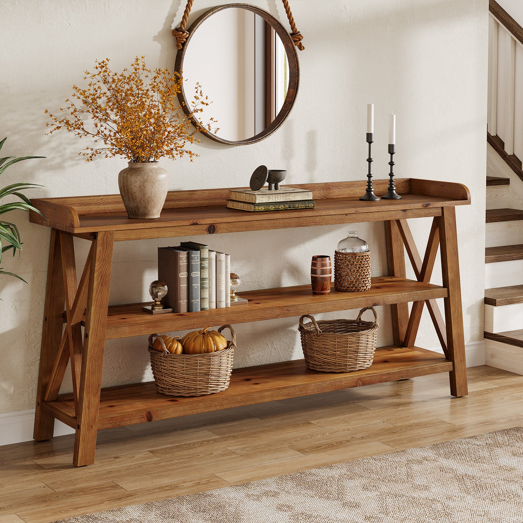 Tribesigns 63-Inch Solid Wood Console Table with X-Frame, 3-Tier Hallway Table for Living Room