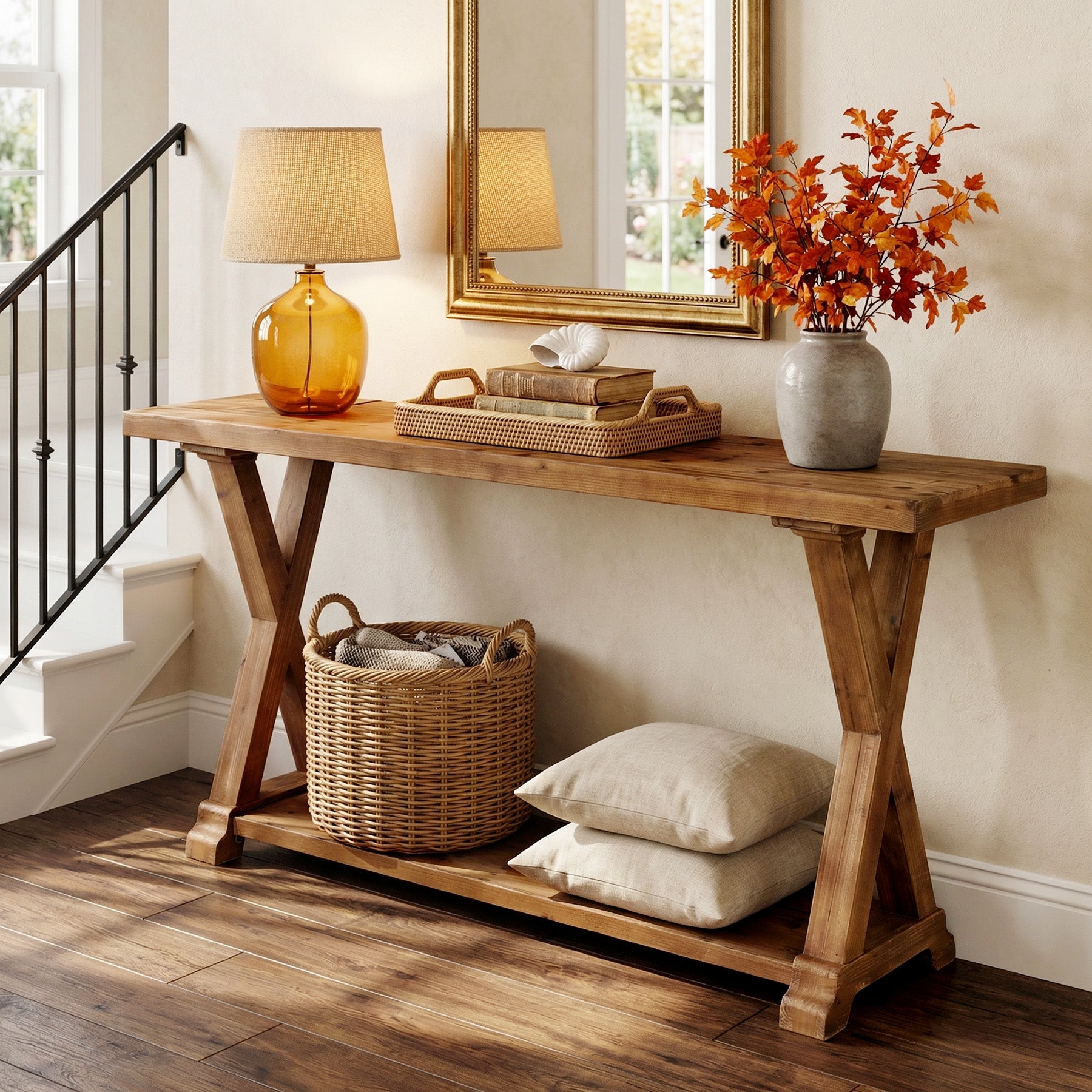 63 Inch Solid Wood Console Table with Storage, 2 Tier Farmhouse Sofa Table