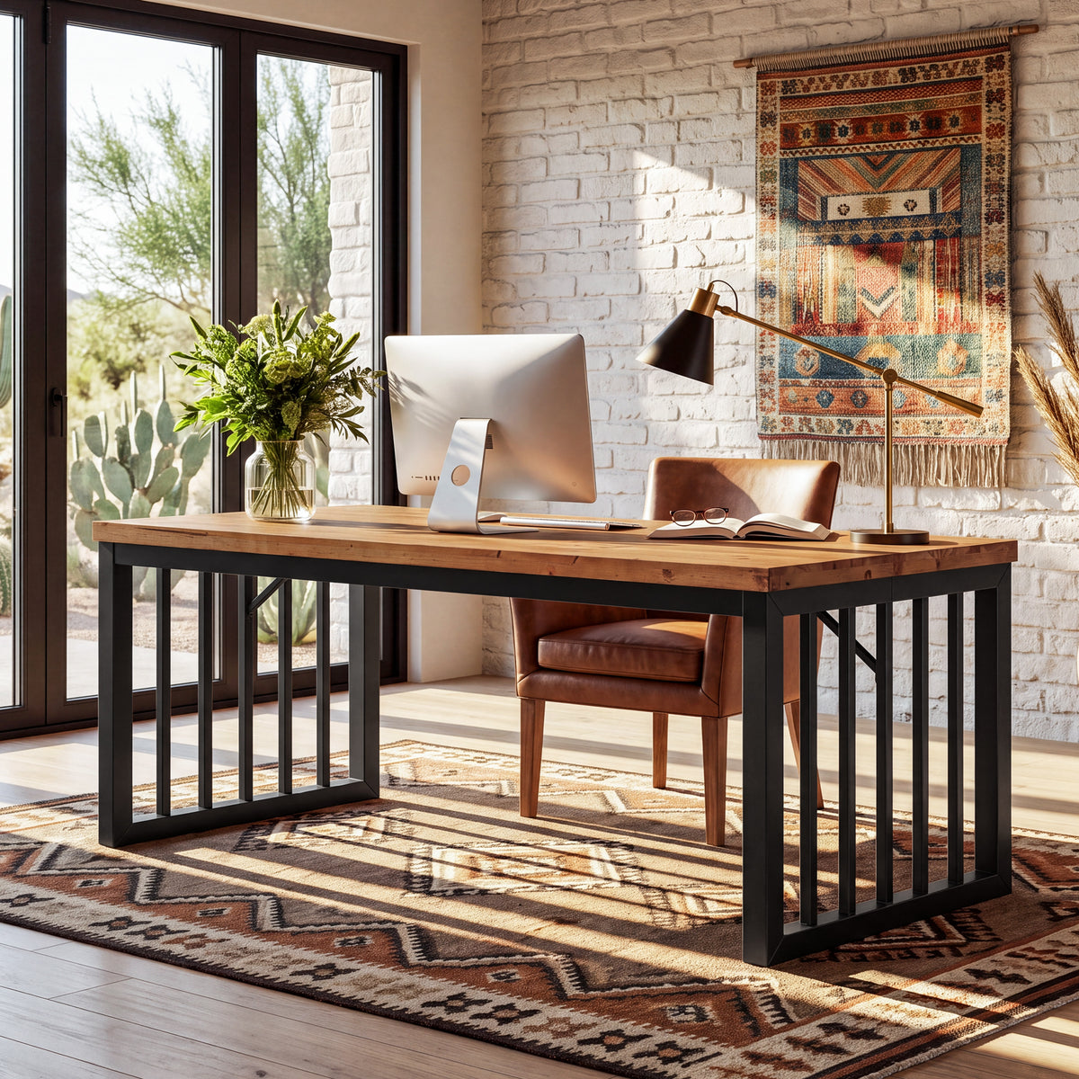 Tribesigns 63 Inch Solid Wood Executive Desk with Metal Frame, Farmhouse Home Office Computer Desk
