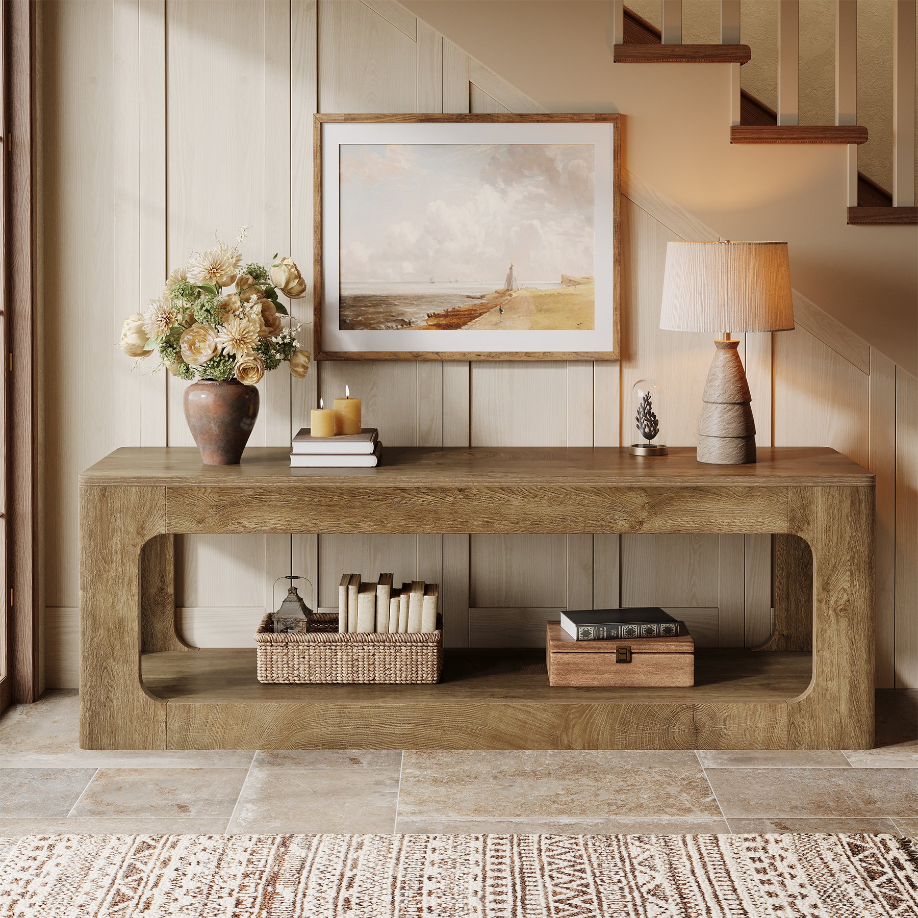 Tribesigns 63-Inch Farmhouse Console Table with Circle Design, 2-Tier Entryway Table for Hallway