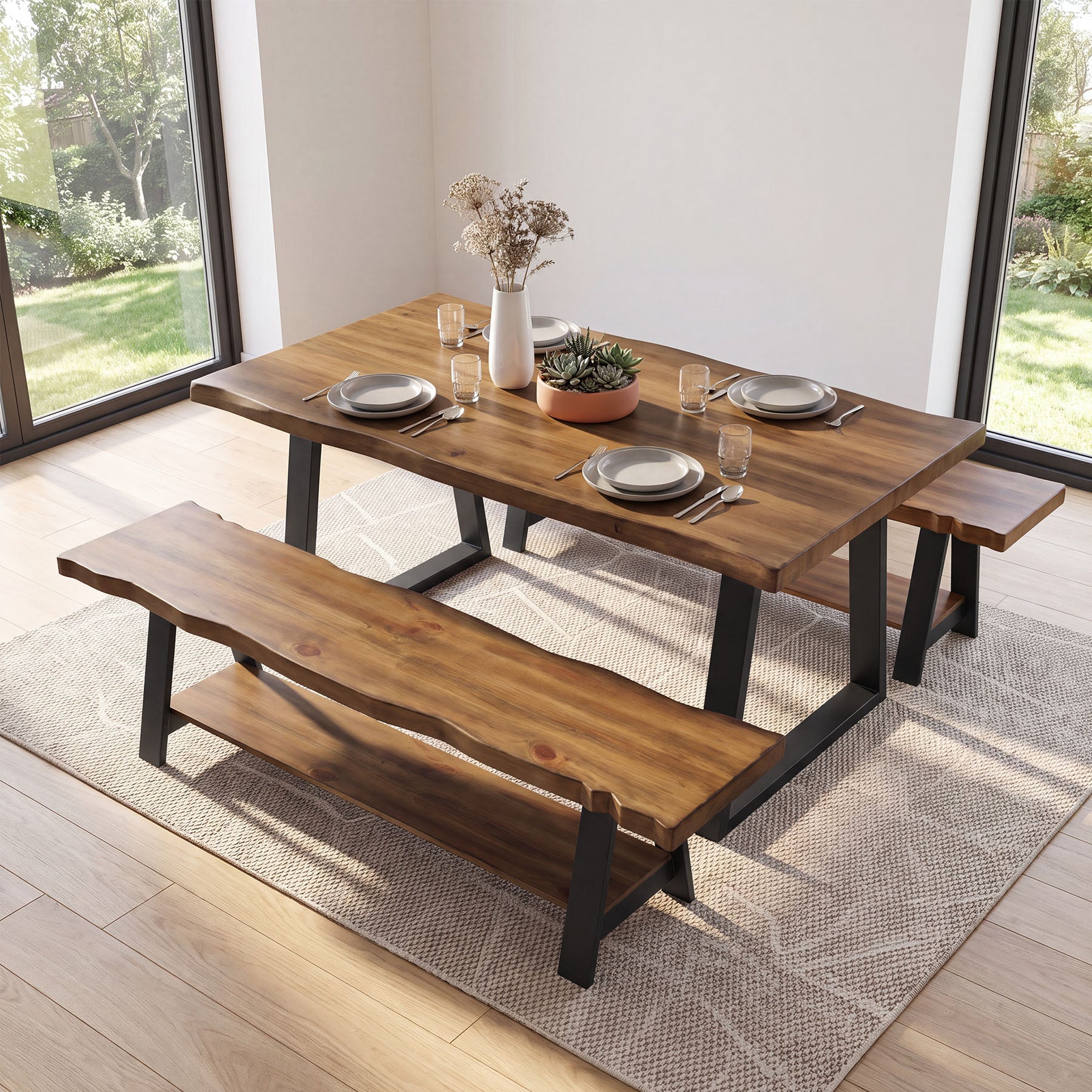 55" Solid Wood Dining Bench with Live Edge & Metal Frame, Kitchen & Dining Room