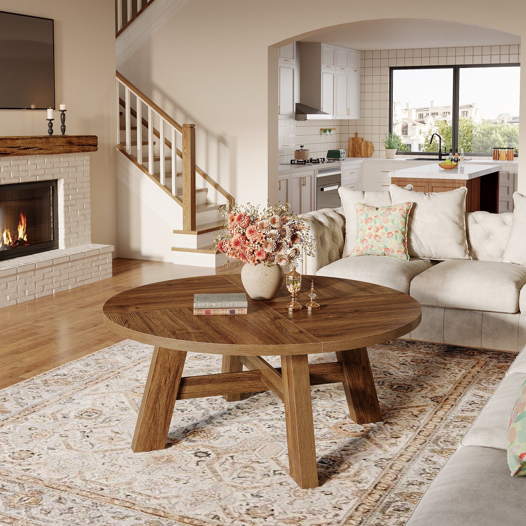 39" Round Mid Century Modern Coffee Table with Cross Brace, Low Wooden Center Table