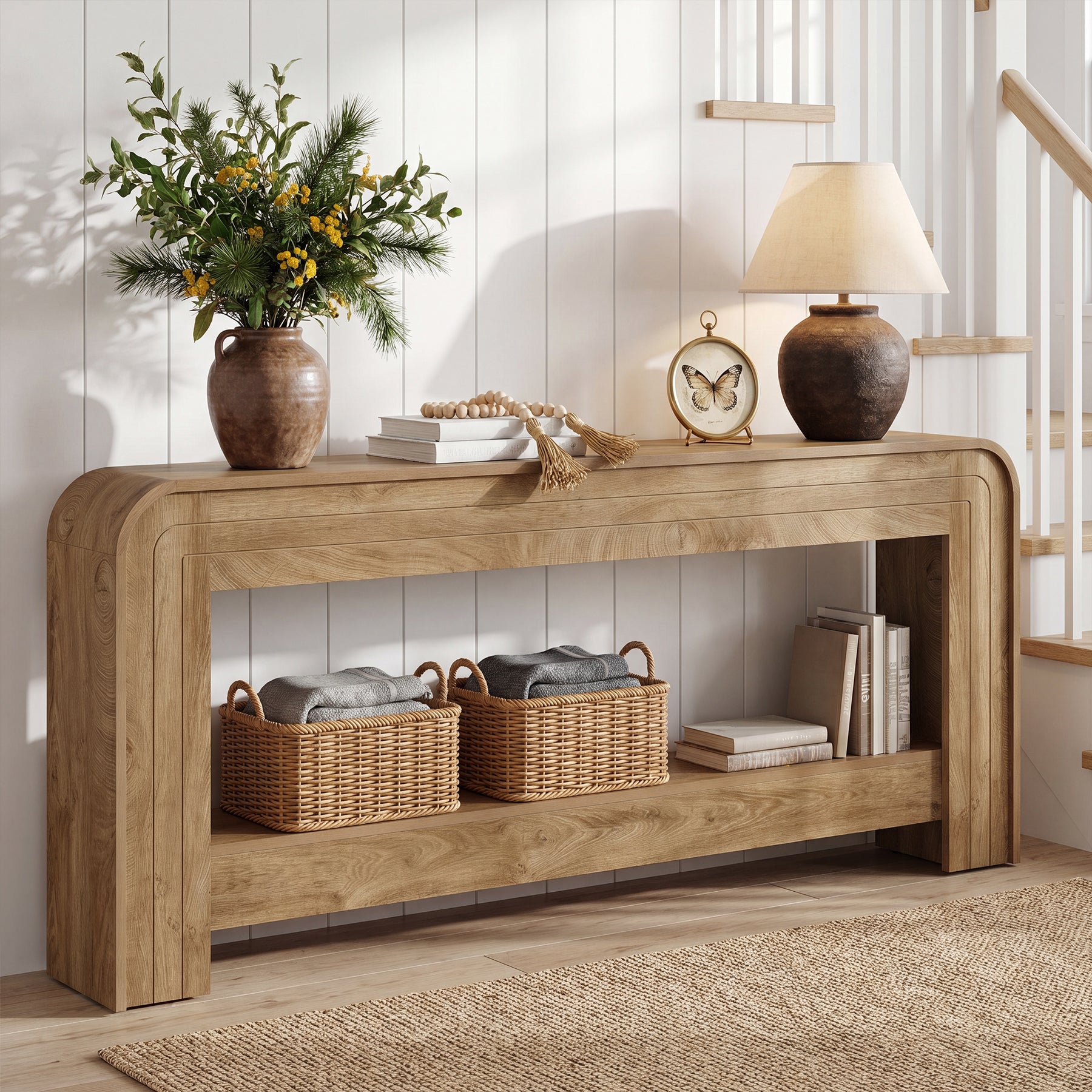 78.74 Inch Farmhouse Console Table with Open Storage Shelf and Curved Edges, Slim Entryway Sofa Table for Hallway