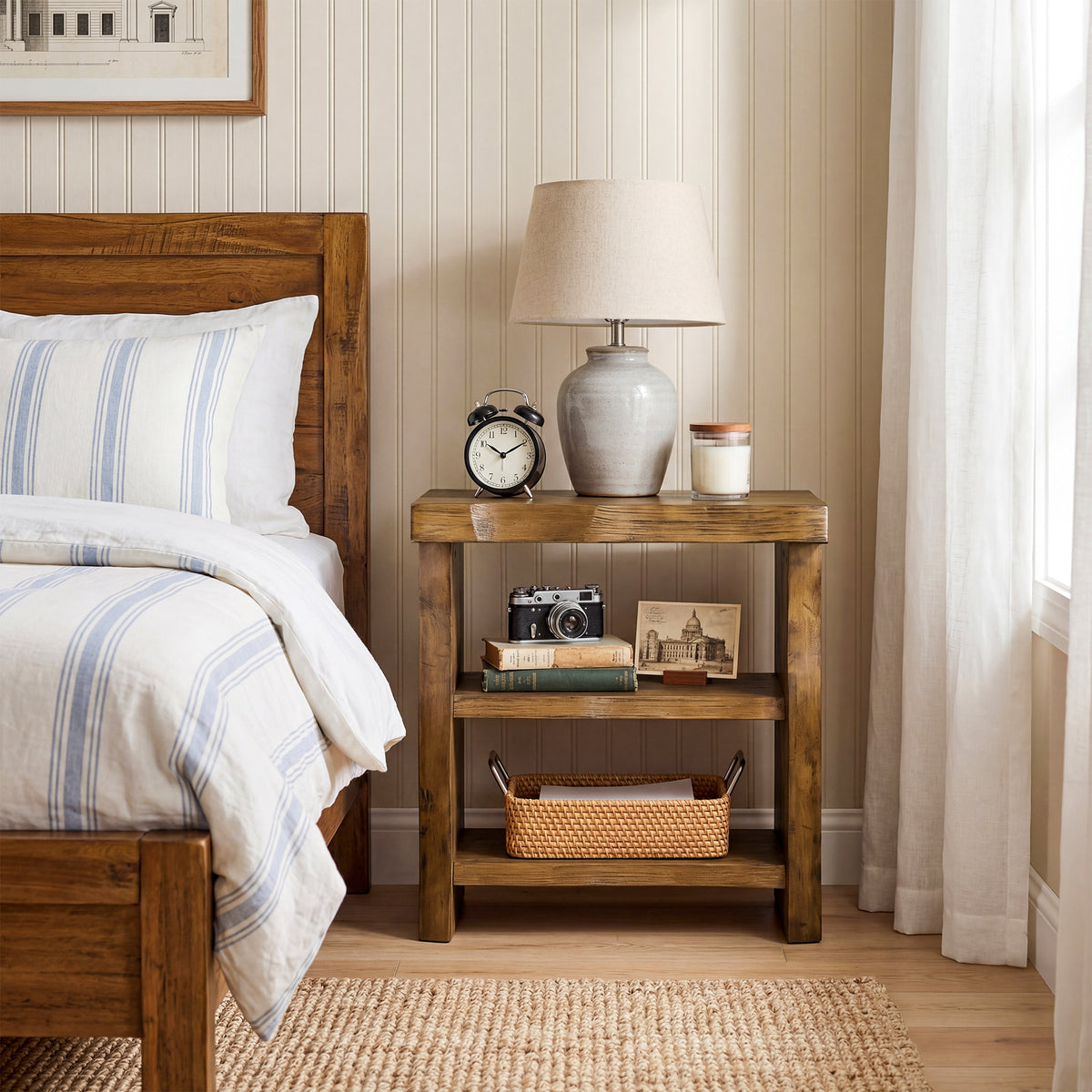 23.62 Inch Solid Wood End Table with 3-Tier Storage Shelves and Live-Edge Design, Narrow Side Table for Living Room