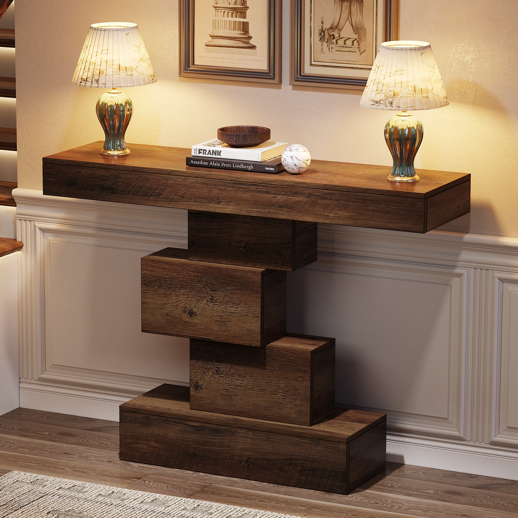 42" Console Table, Wood Sofa Table Accent Table with Geometric Base