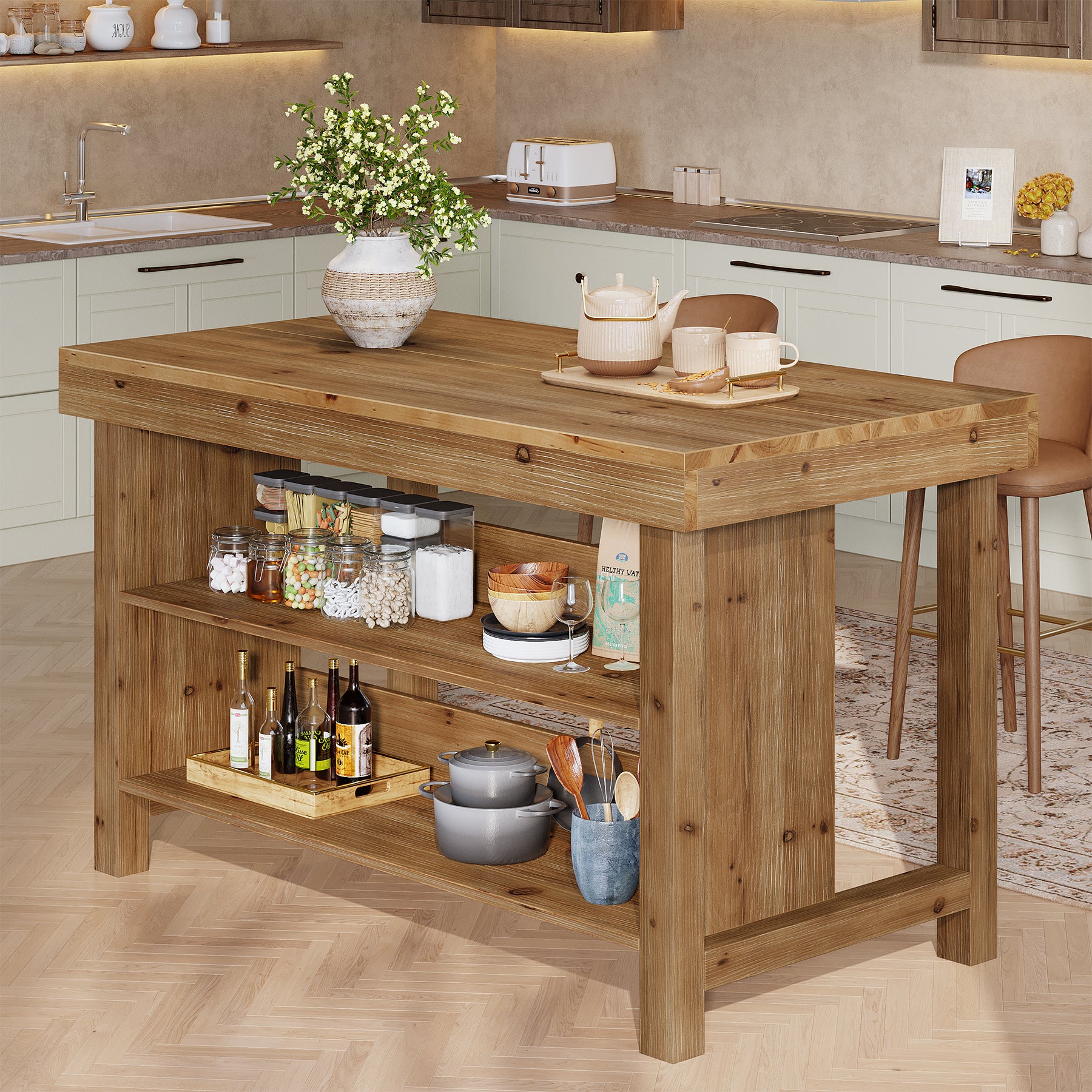 Tribesigns Solid Wood Kitchen Island Table with 2-Tier Open Storage Shelves, Farmhouse Stationary Island Table with Seating for Kitchen and Dining Room