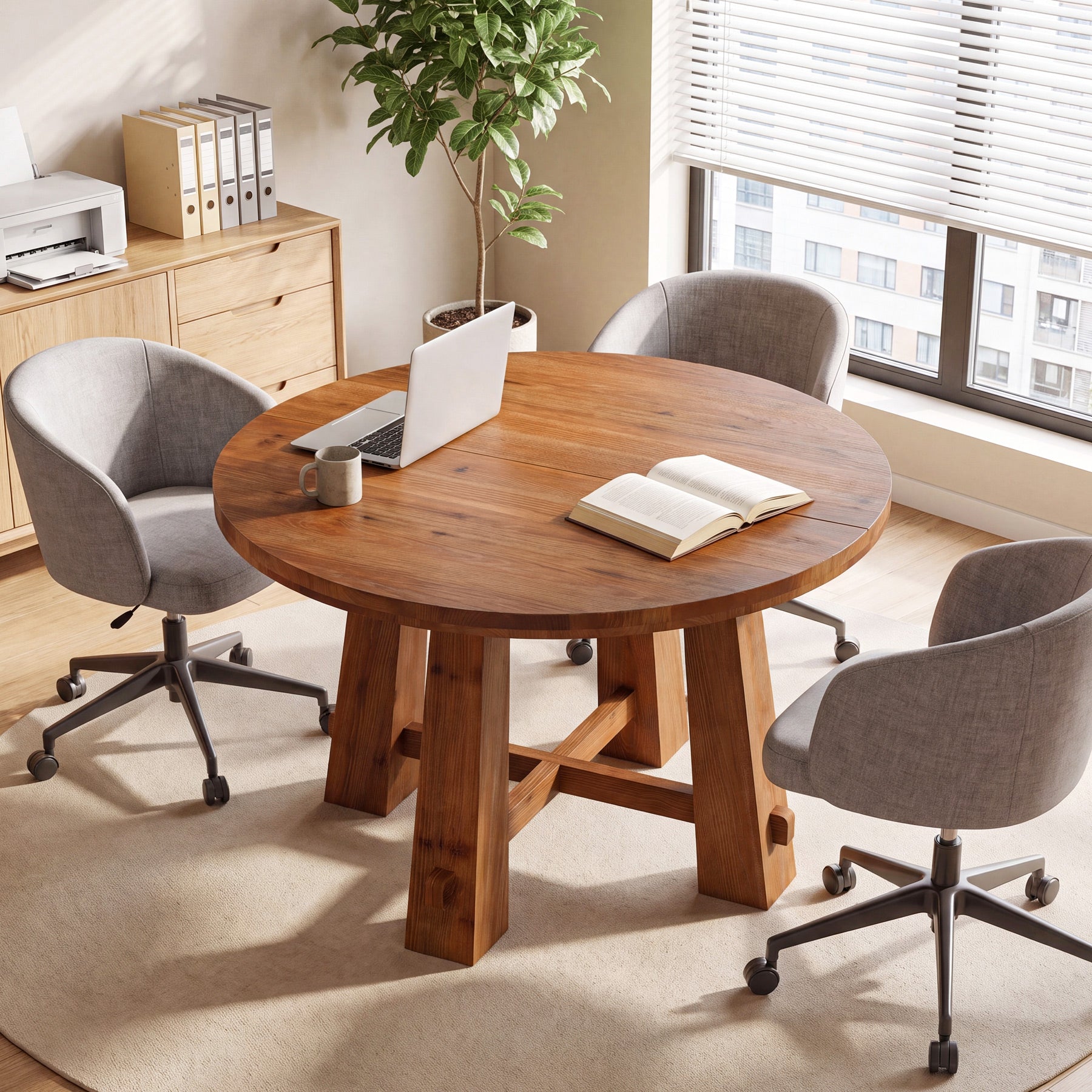 39.4 Inch Solid Wood Round Dining Table with Cross Base, Farmhouse Kitchen Table for 2-4