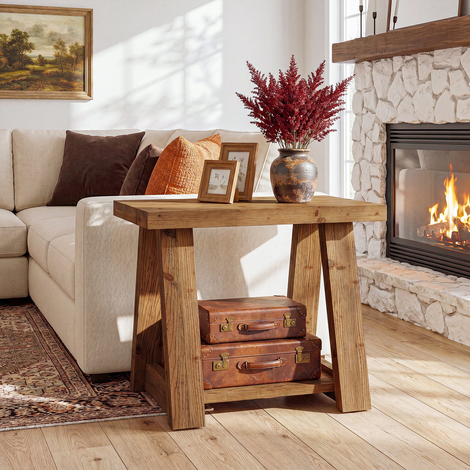 23.62 Inch Solid Wood End Table with 2-Tier Storage Shelves, Farmhouse Side Table for Living Room