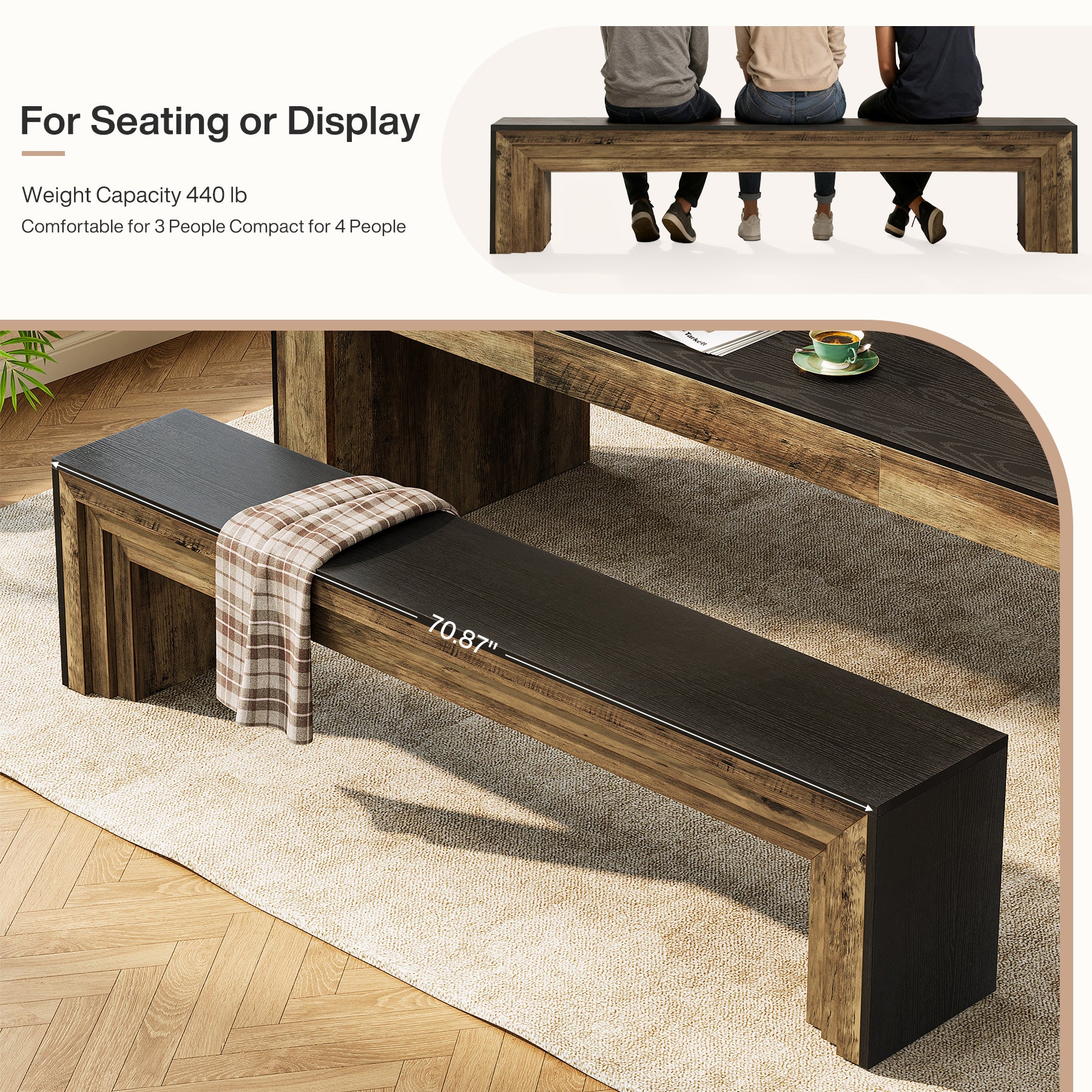 70.9 Inch Extra Long Dining Bench, Farmhouse Wooden Kitchen Bench with 440 lb Capacity for Dining Room