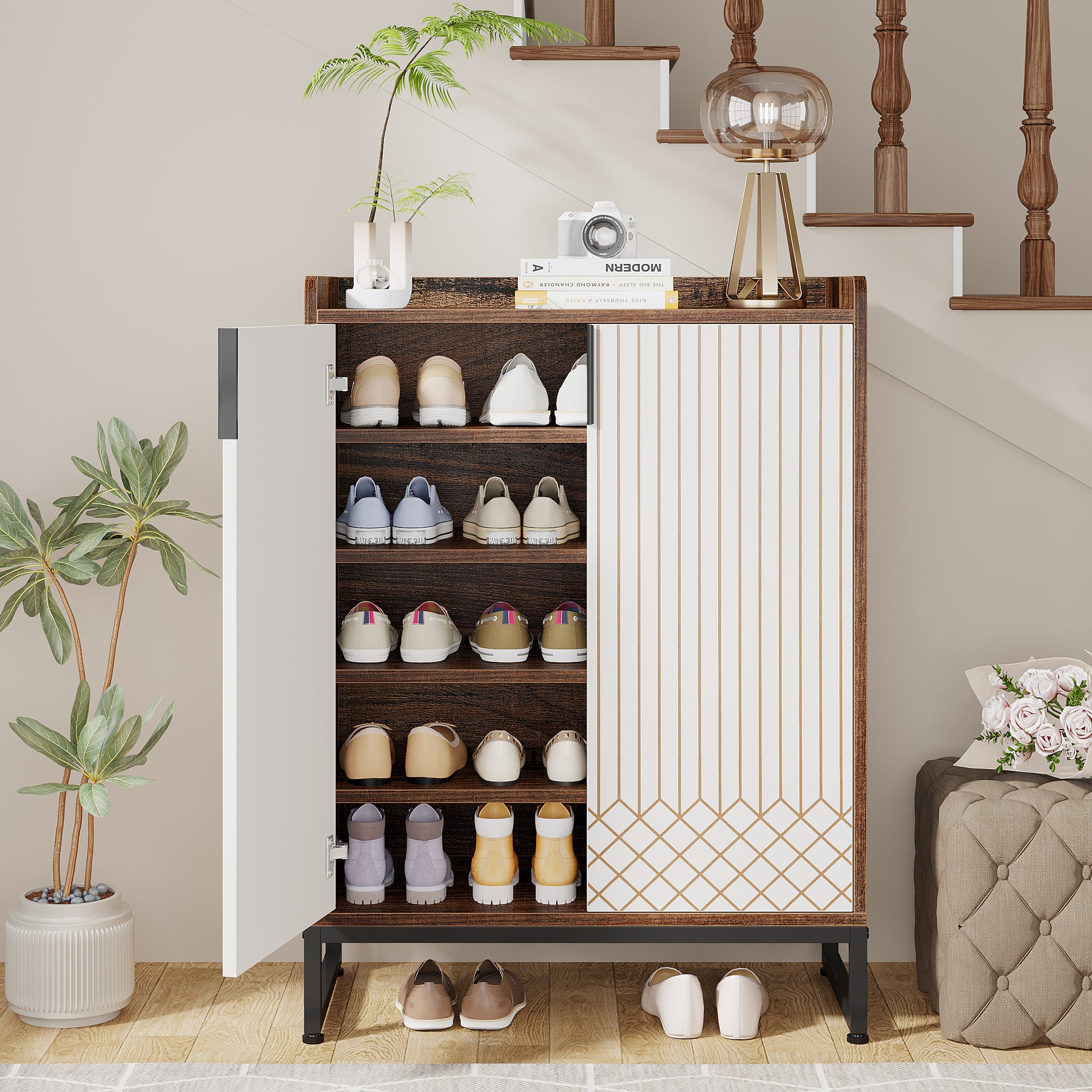 Tribesigns White 5-Tier Freestanding Wood Shoes Cabinet with Gold Metal Frame