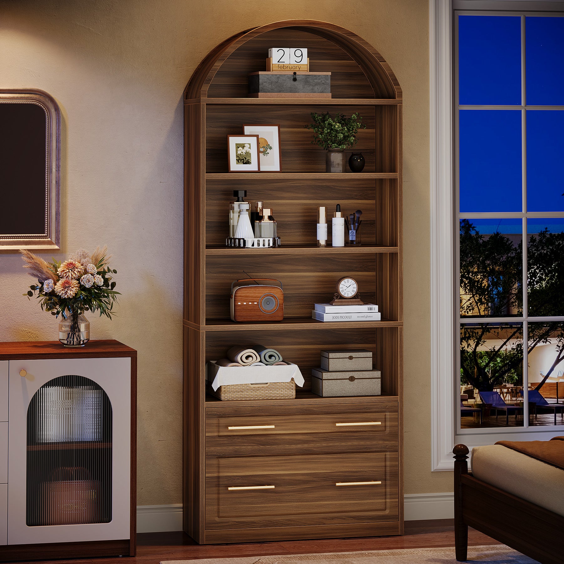 76.8-Inch Arched Bookcase with File Cabinet Drawer, 5-Tier Storage for Home Office