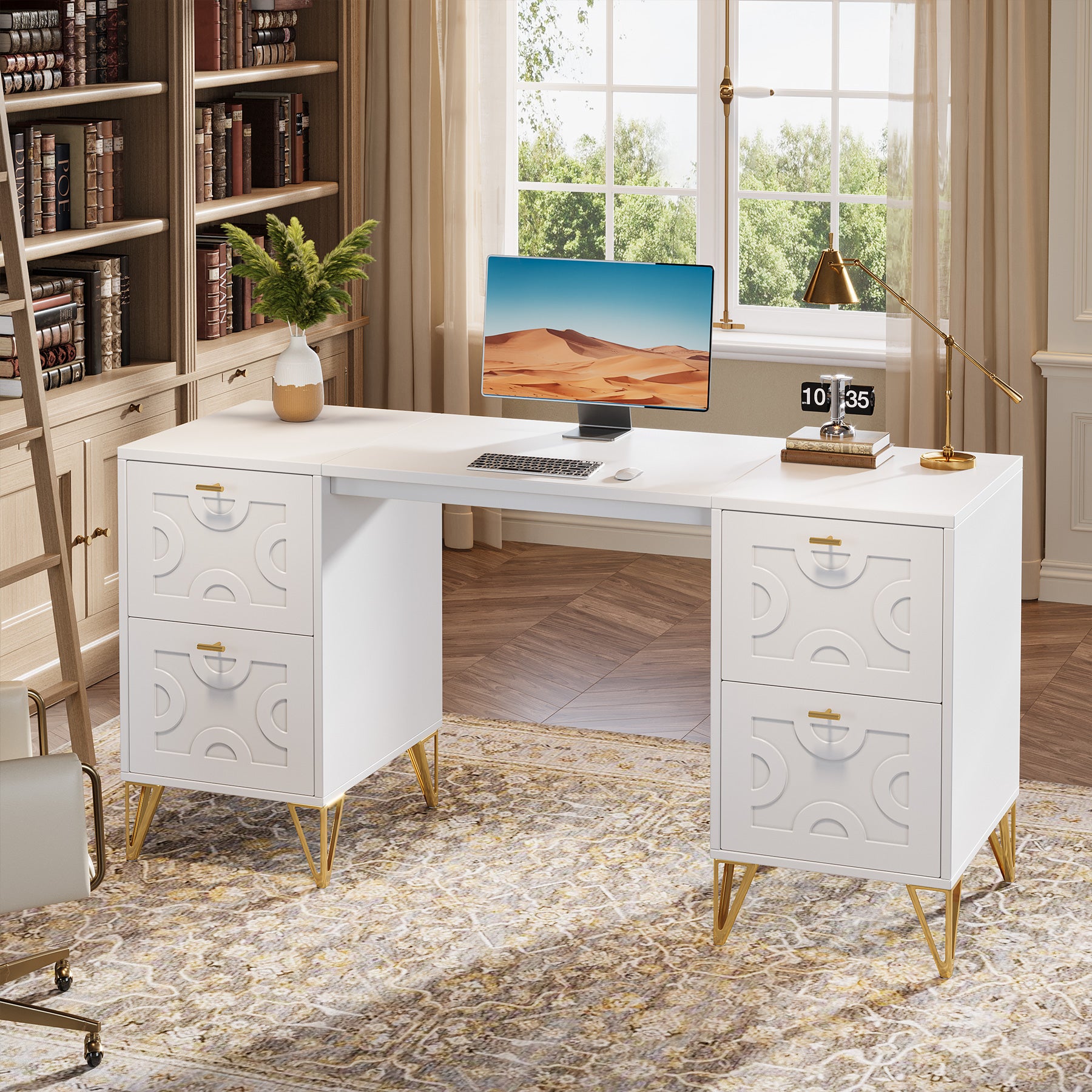 59-Inch Office Desk with Drawers, Modern White Computer Desk with Gold Legs for Home Workspace