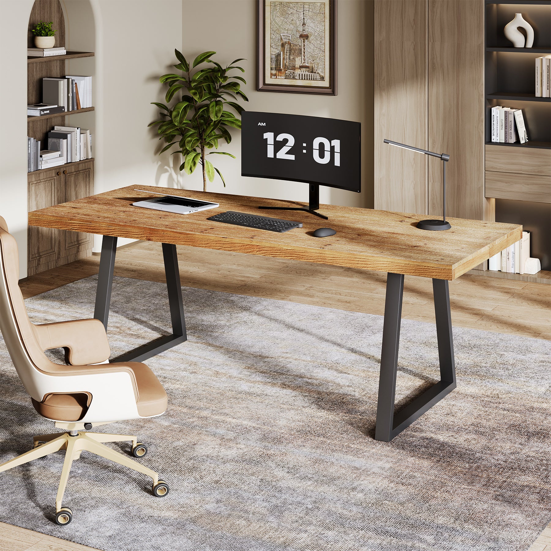 Tribesigns 63-Inch Industrial Executive Desk with Solid Wood Panels and Metal Legs, Computer Writing Desk for Home Office Study and Small Conference Room