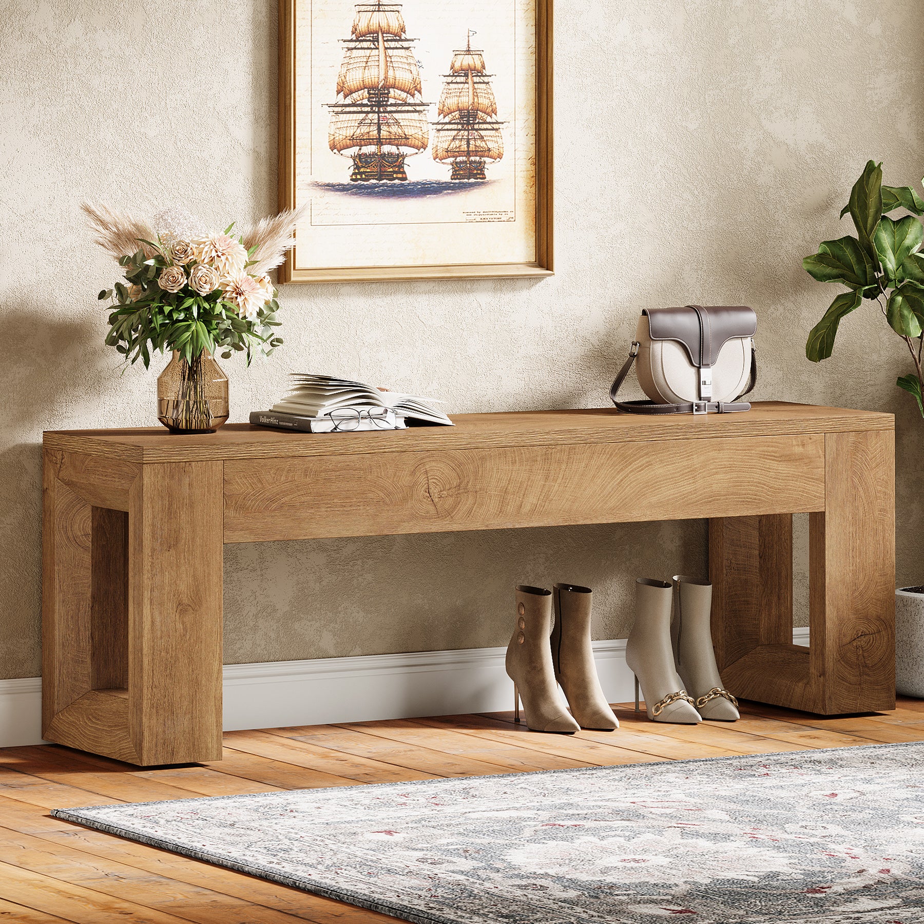 Tribesigns 47-Inch Farmhouse Entryway Bench, Long Wood Shoe Bench with Reinforced MDF Structure for Hallway