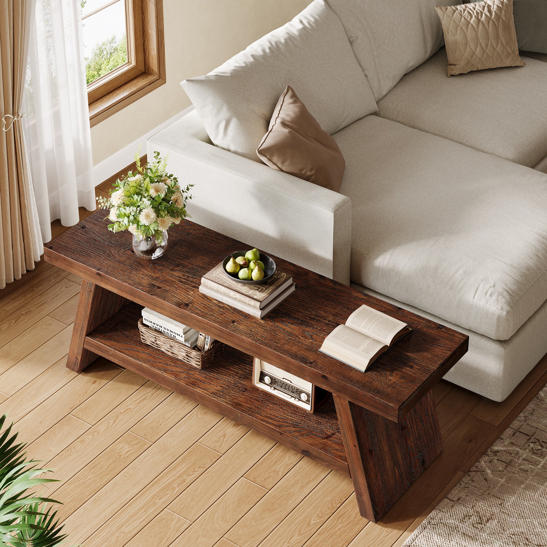 Tribesigns 47-Inch 2-Tier Wooden Storage Bench, Open Shelving Hallway Seat with Solid Fir Frame for Living Room
