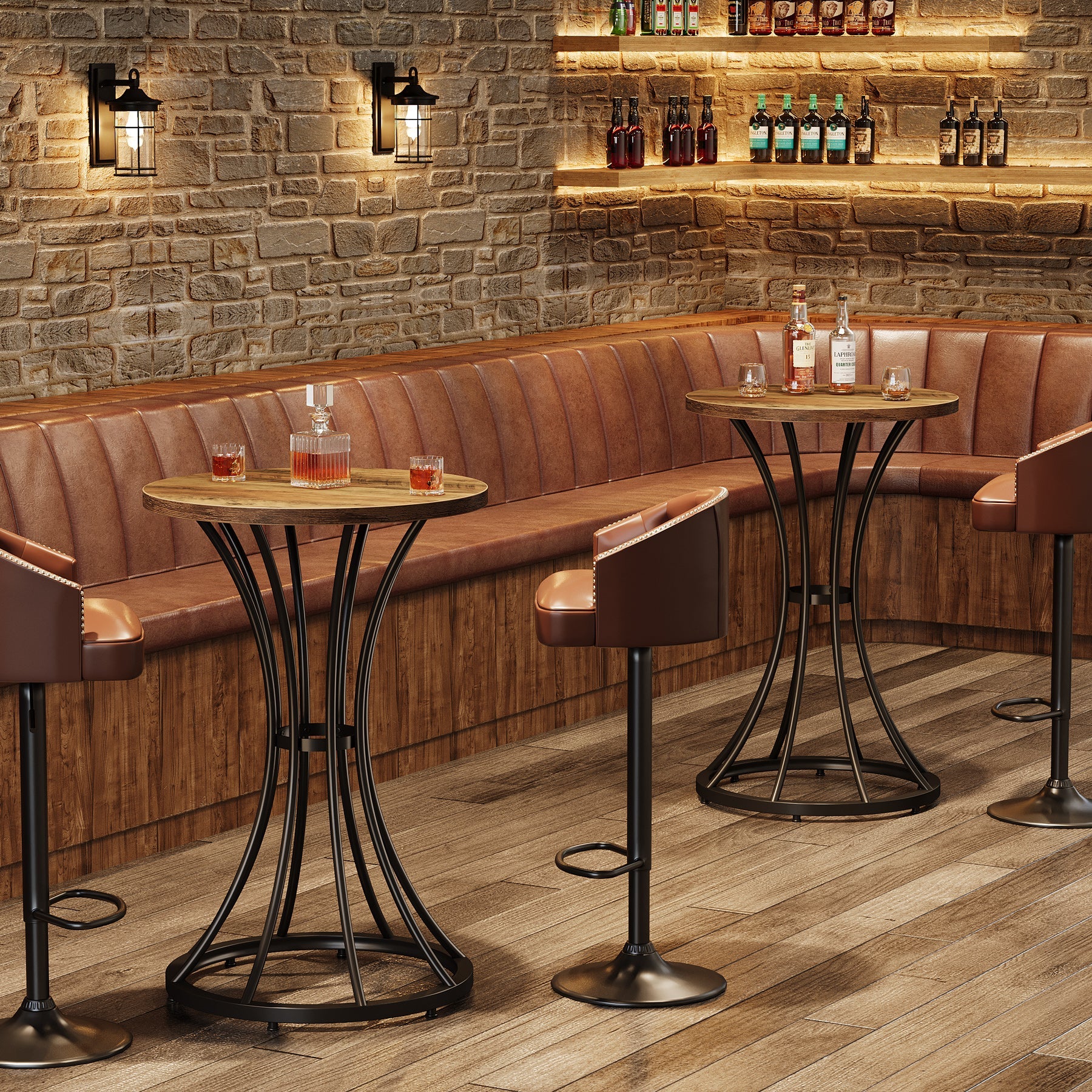 37.4" Round Bar Table for Two, Cocktail Table with Curved Metal Base in Black