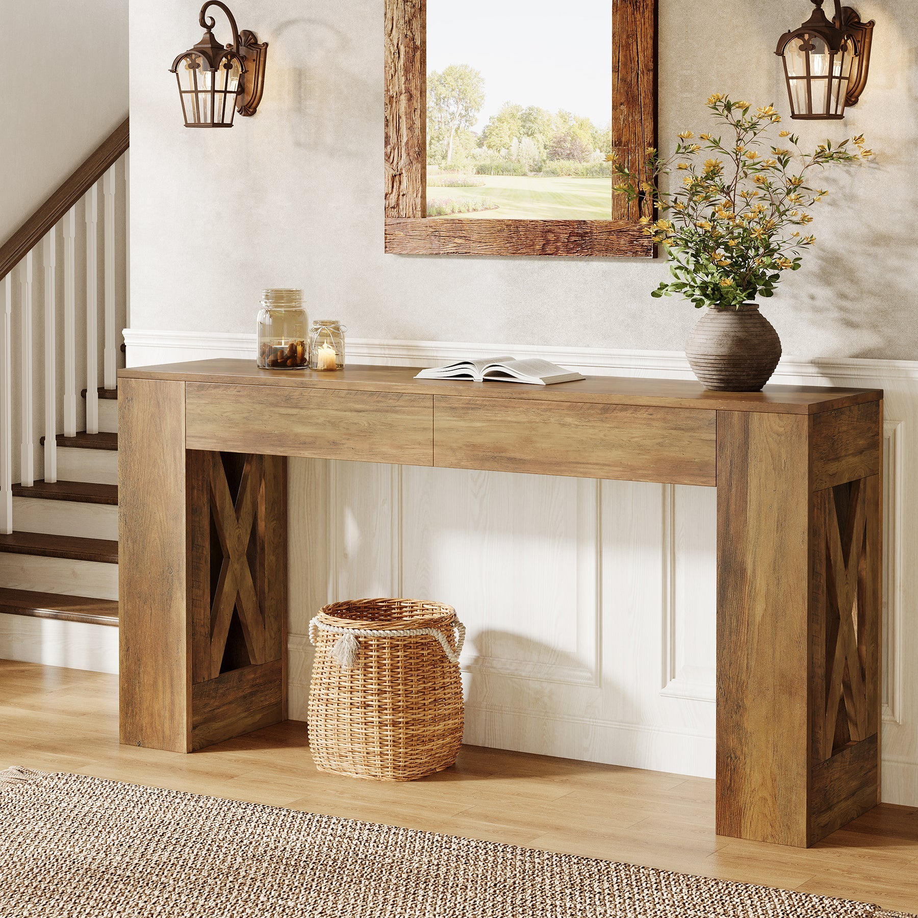 Tribesigns 63-Inch Farmhouse Console Table, X-Leg Sofa Table with 2 Drawers