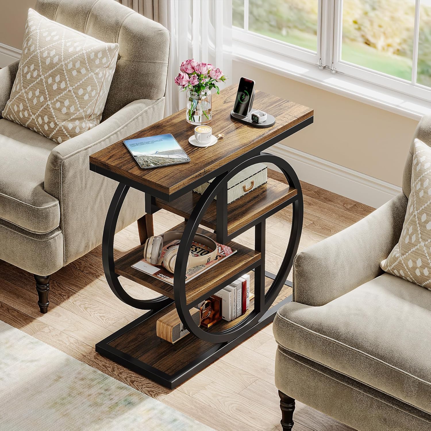 23.6" Industrial 4-Tier End Table - Narrow Wood & Metal Side Table with Storage Shelves, Rustic Brown