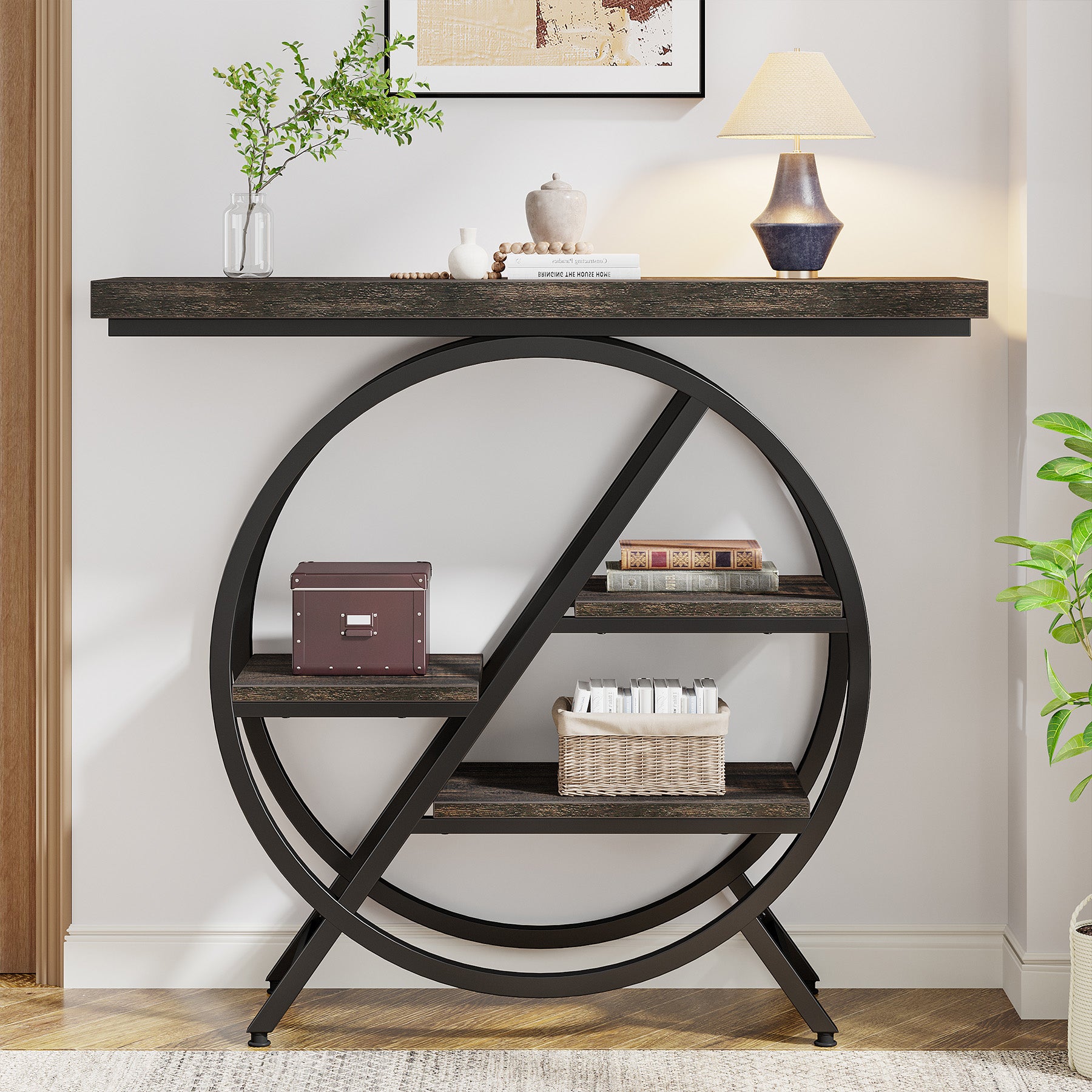 4-Tier Console Table, 39.4" Entryway Table with Geometric Metal Frame