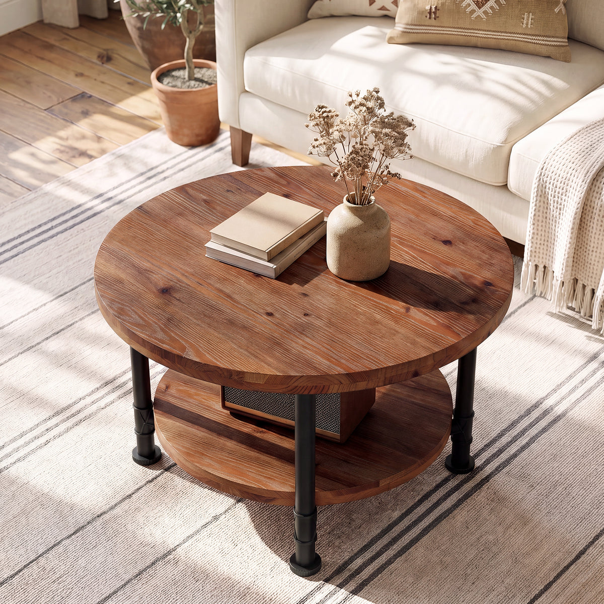 Tribesigns 31.5" Solid Wood Round Coffee Table with Storage Shelf, Industrial Table for Living Room
