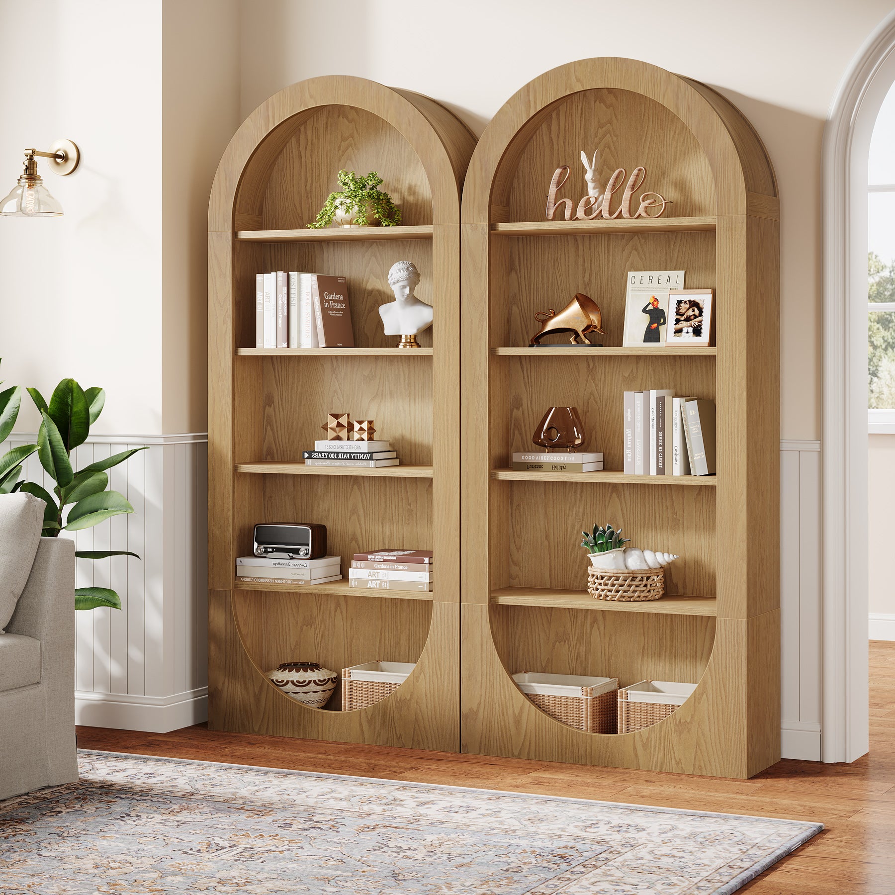 71 Inch Tall Bookshelf with 5 Tier Shelves, Arched Bookcase for Living Room Home Office