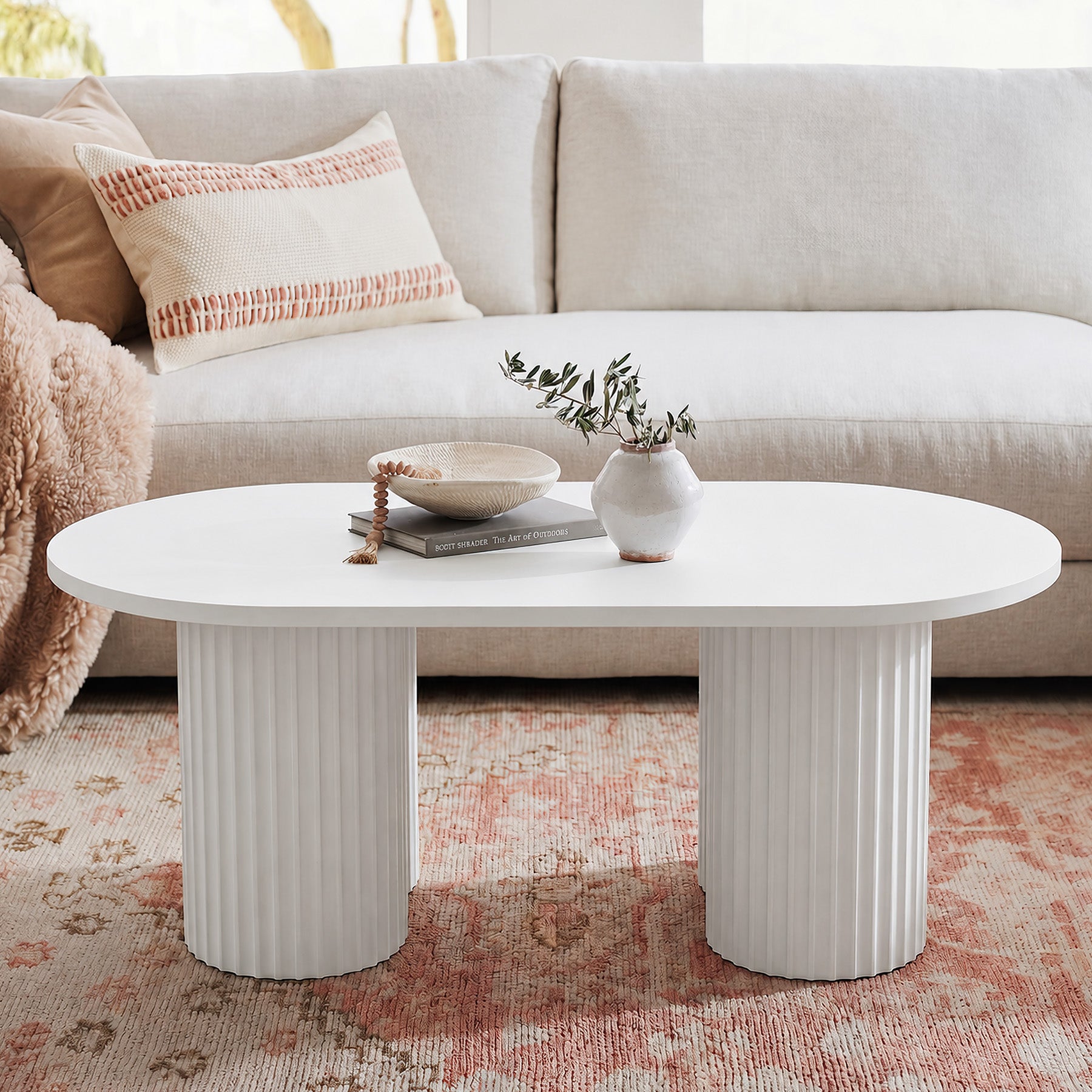Tribesigns 47-Inch Oval Coffee Table with Fluted Design, Modern White Center Table for Living Room and Office