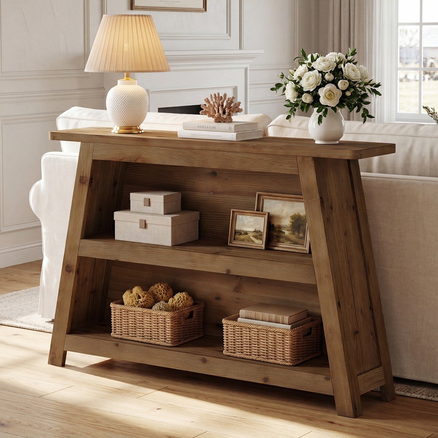 47.24-Inch Solid Wood Console Table, Farmhouse Entryway Table with 3-Tier Shelves