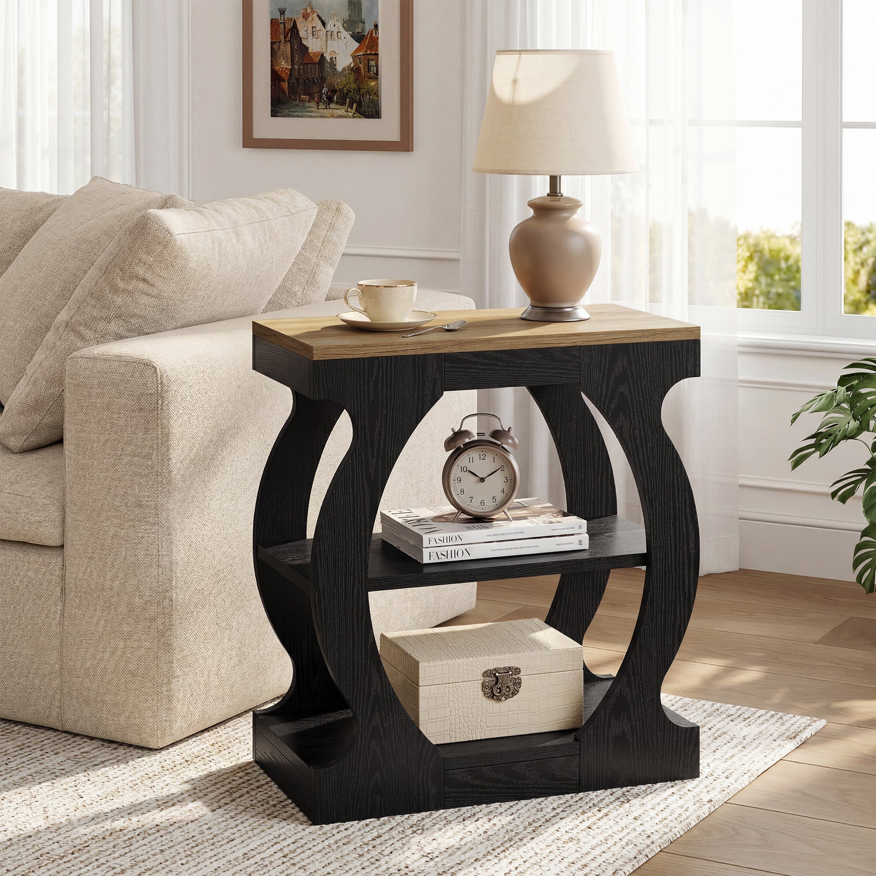 Tribesigns 23.6 Inch Narrow End Table with 3-Tier Storage, Wooden Side Table with Curved Frame