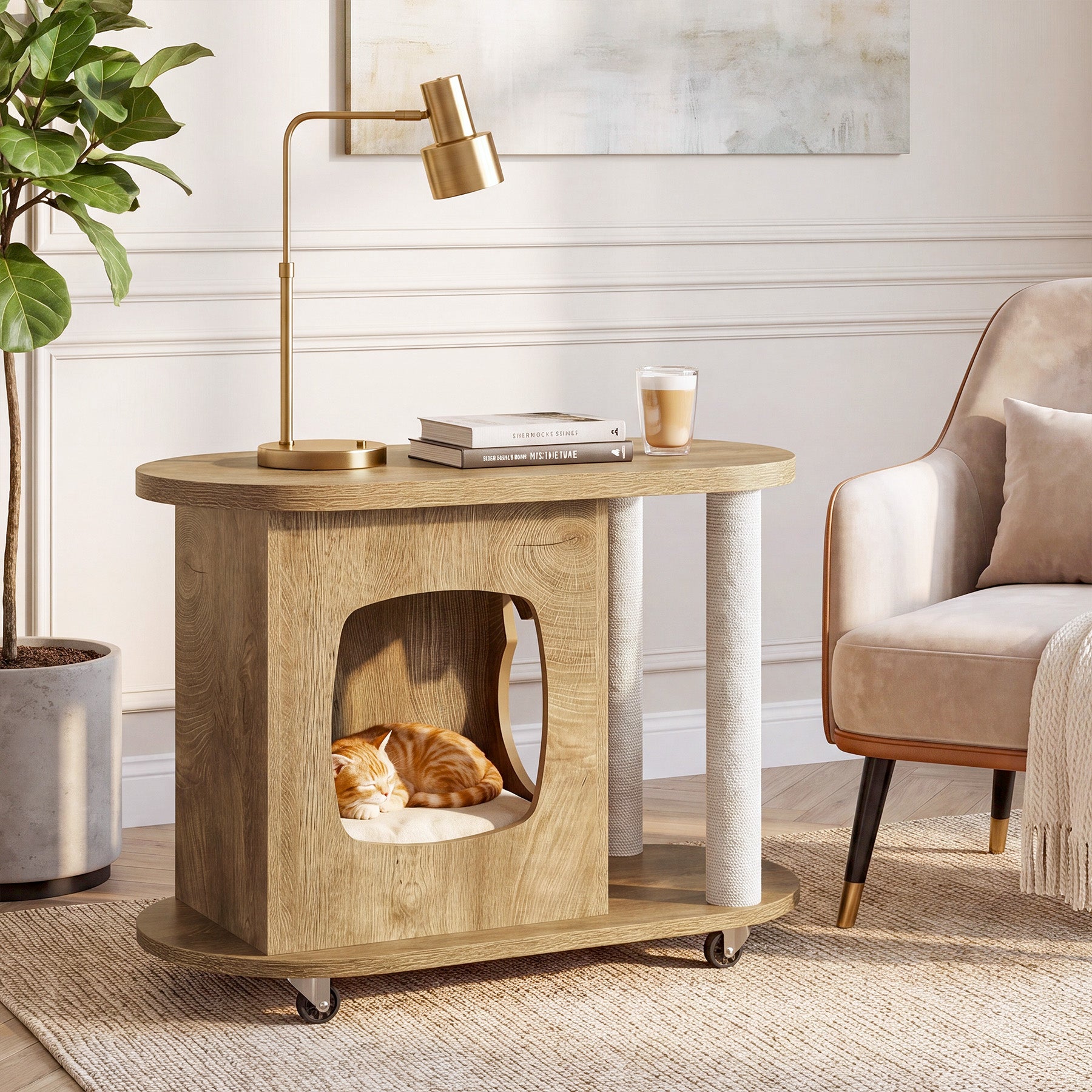 31.5-Inch End Table with Cat Scratching Posts, Wooden Cat Condo with Bed for Living Room